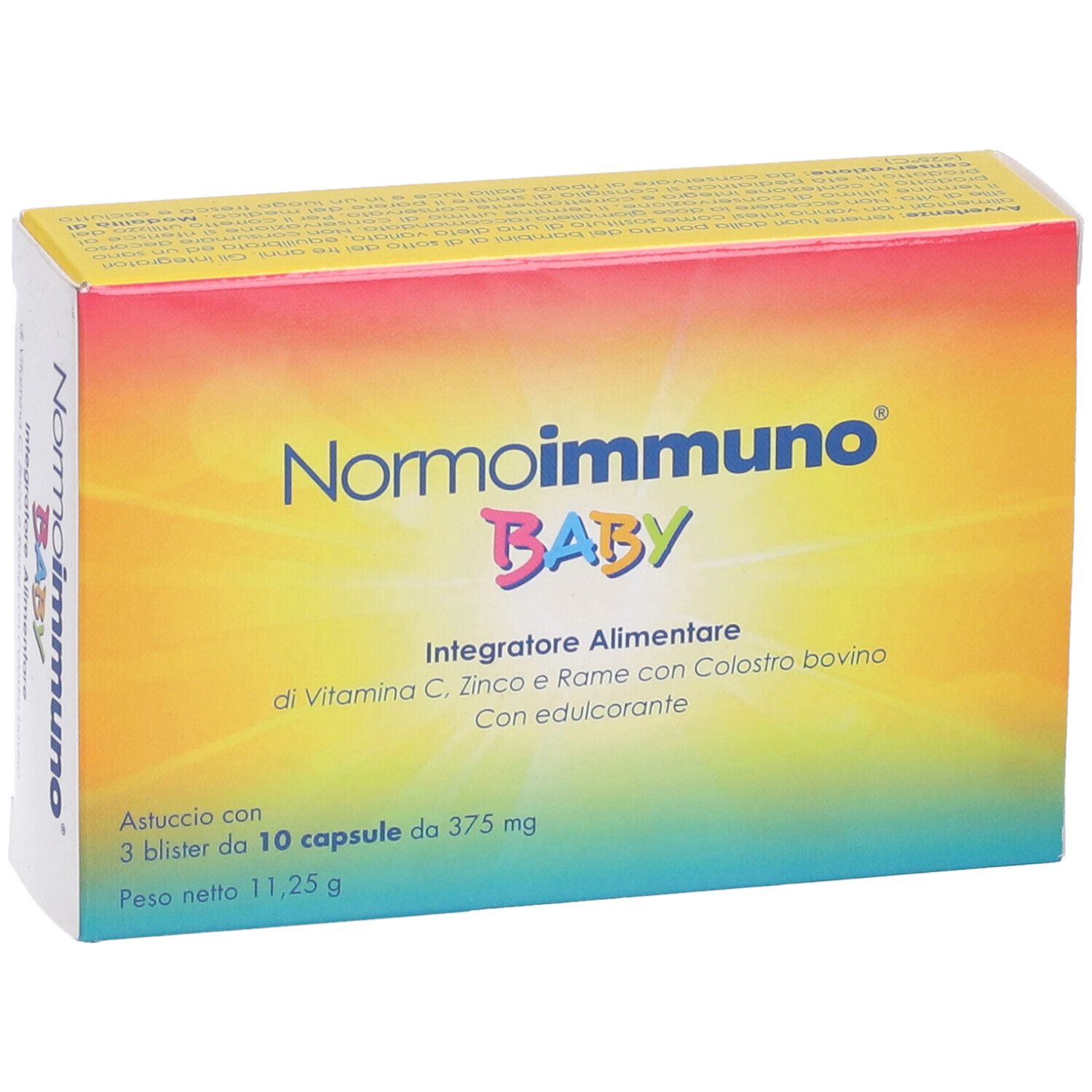 Confezione di Normoimmuno Baby. Scritta: Normoimmuno Baby, integratore alimentare con vitamina C, zinco, rame e colostro. 3 blister da 10 capsule.