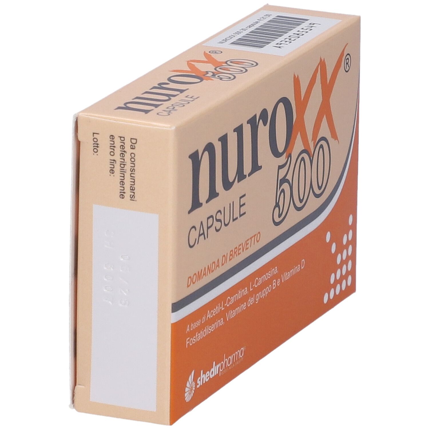 Vista obliqua della confezione NUROXX® KAPSEL 500. Scatola beige-arancio con nome del prodotto.