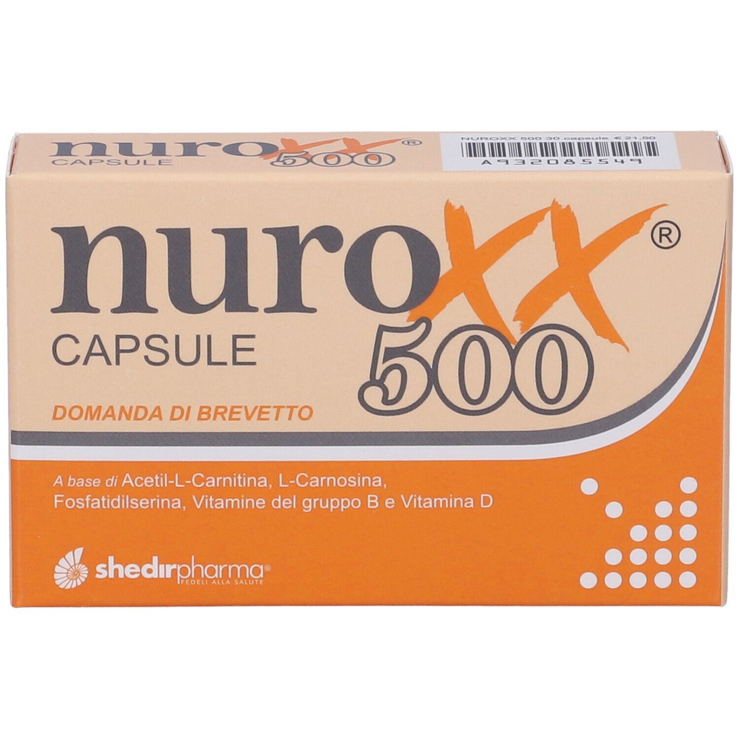 Fronte della confezione NUROXX® KAPSEL 500. Scatola arancione-beige con nome del prodotto.