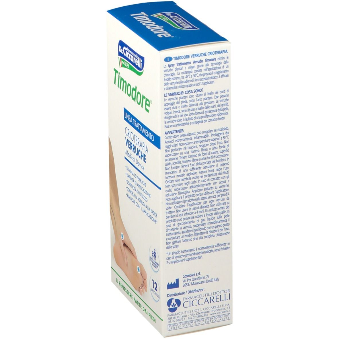 Rückseite der Timodore® Spray Antiverruche Verpackung. Textinformationen auf weißem und blauem Hintergrund.