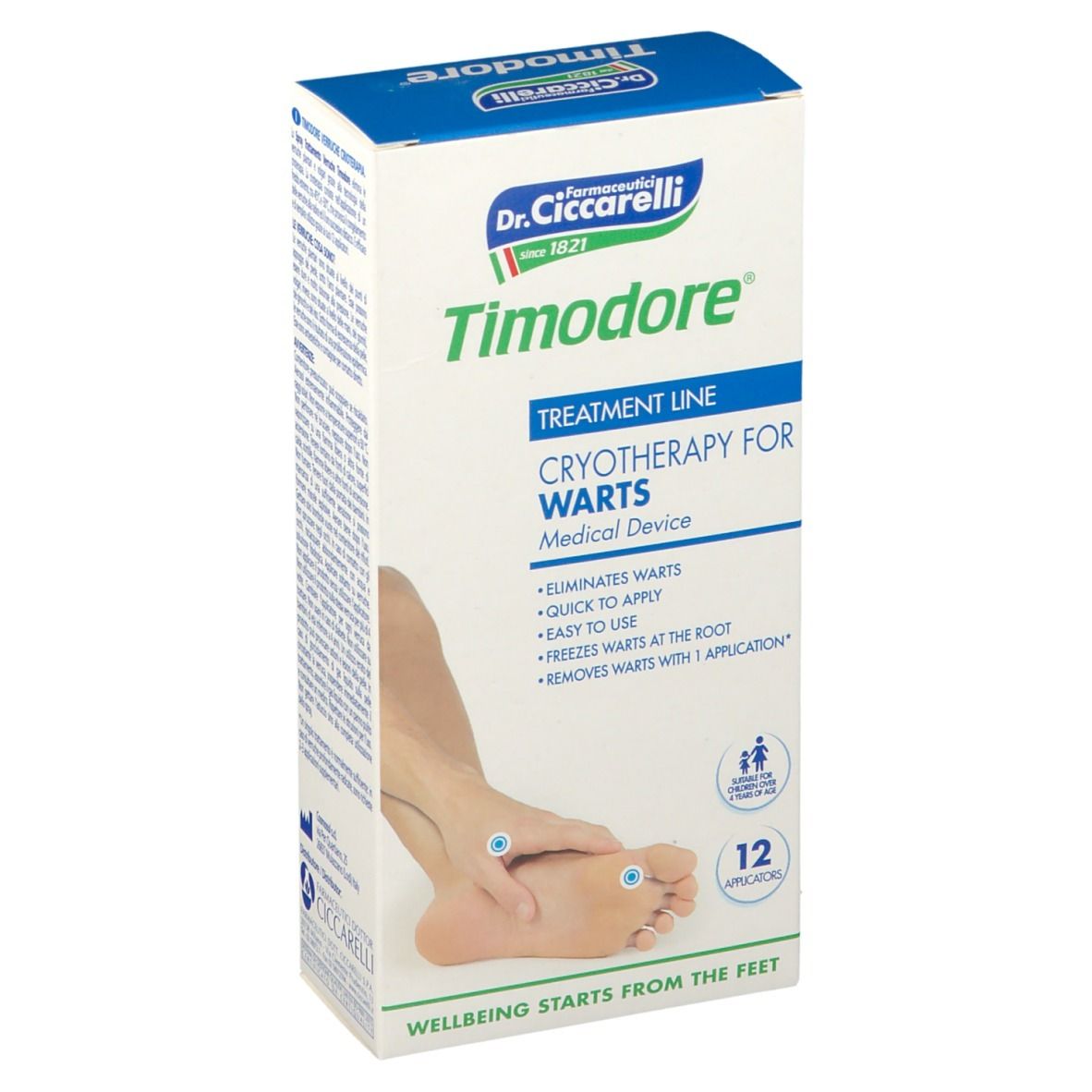 Verpackung von Timodore® Spray Antiverruche. Blaue und weiße Schachtel mit Produktnamen und Fußabbildung.