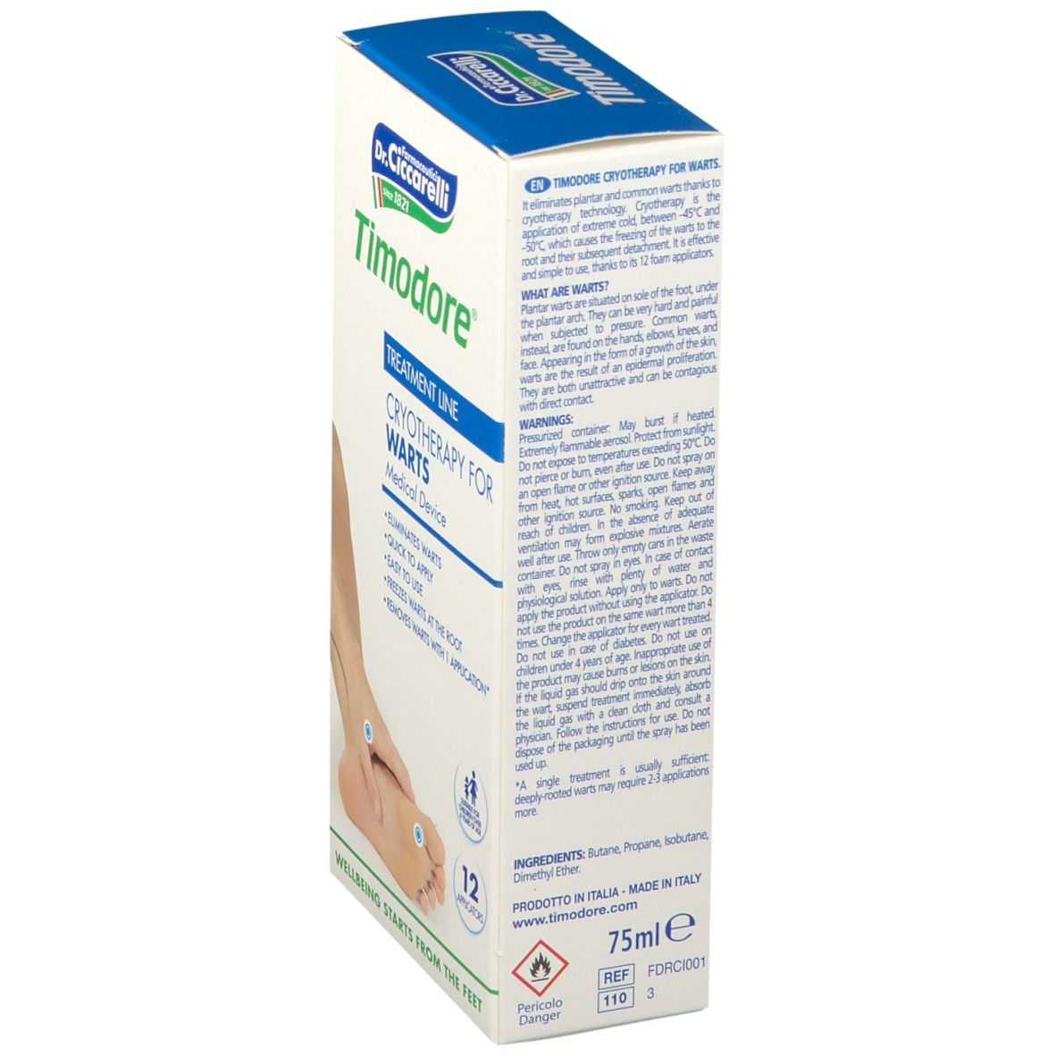Rückseite der Timodore® Spray Antiverruche Verpackung. Textinformationen auf weißem und blauem Hintergrund.