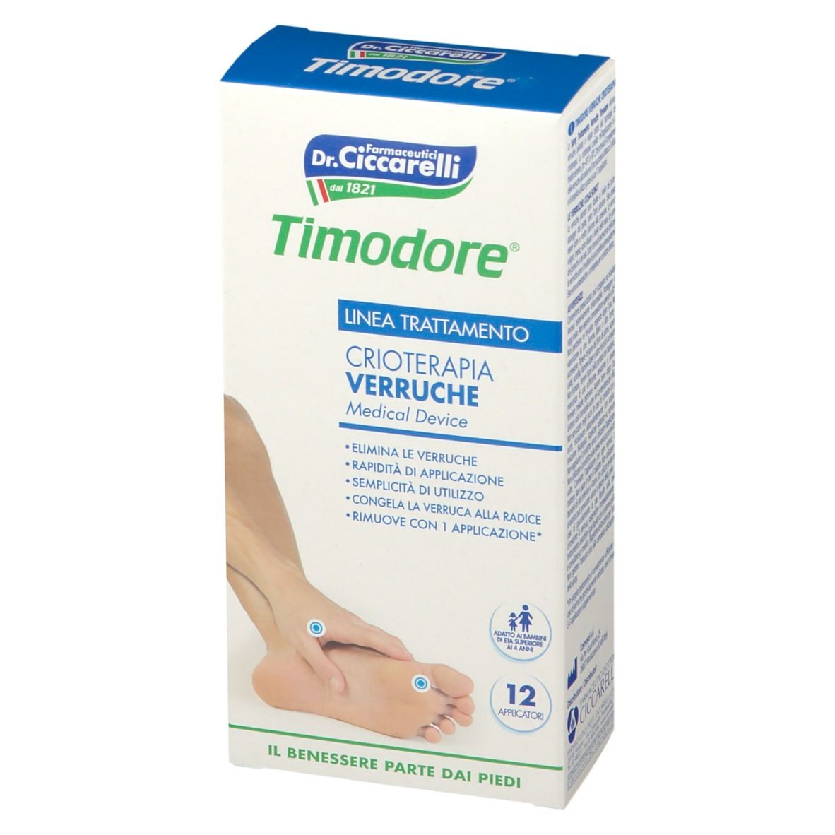 Verpackung von Timodore® Spray Antiverruche. Blaue und weiße Schachtel mit Produktnamen und Fußabbildung.