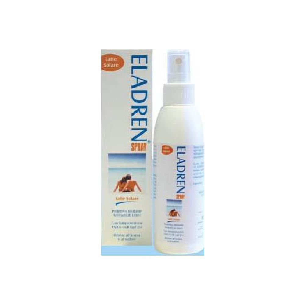 Spray solare e confezione. Nome e logo del prodotto ben visibili. Con fattore di protezione solare.