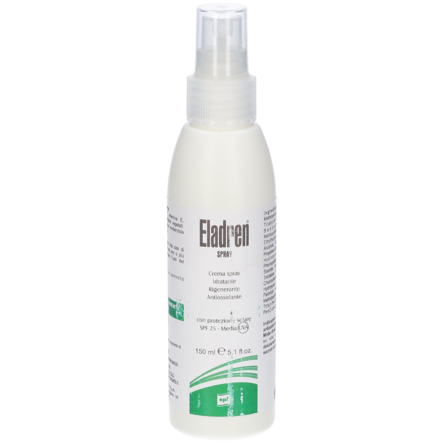 Flacone spray bianco con nome del prodotto e informazioni. Contiene fattore di protezione solare.