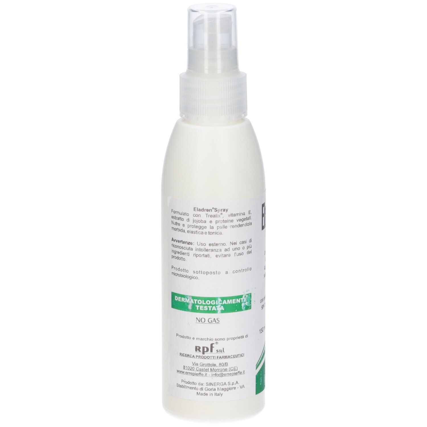 Flacone spray bianco con informazioni sul prodotto. Dermatologicamente testato. Senza gas.
