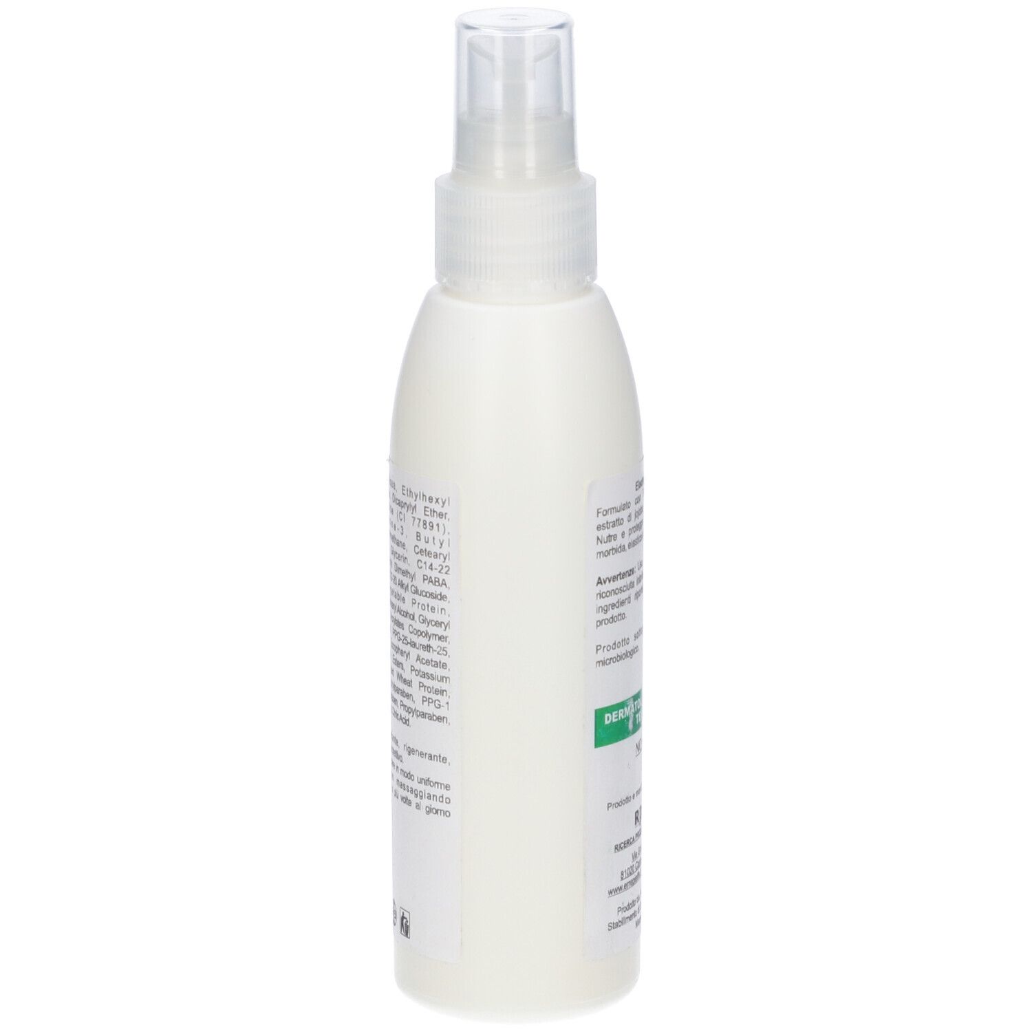 Flacone spray bianco con informazioni sul prodotto. Retro con ingredienti e dati del produttore.