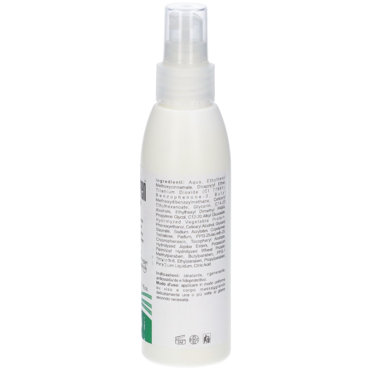 Flacone spray bianco con informazioni sul prodotto. Retro con ingredienti e dati del produttore.