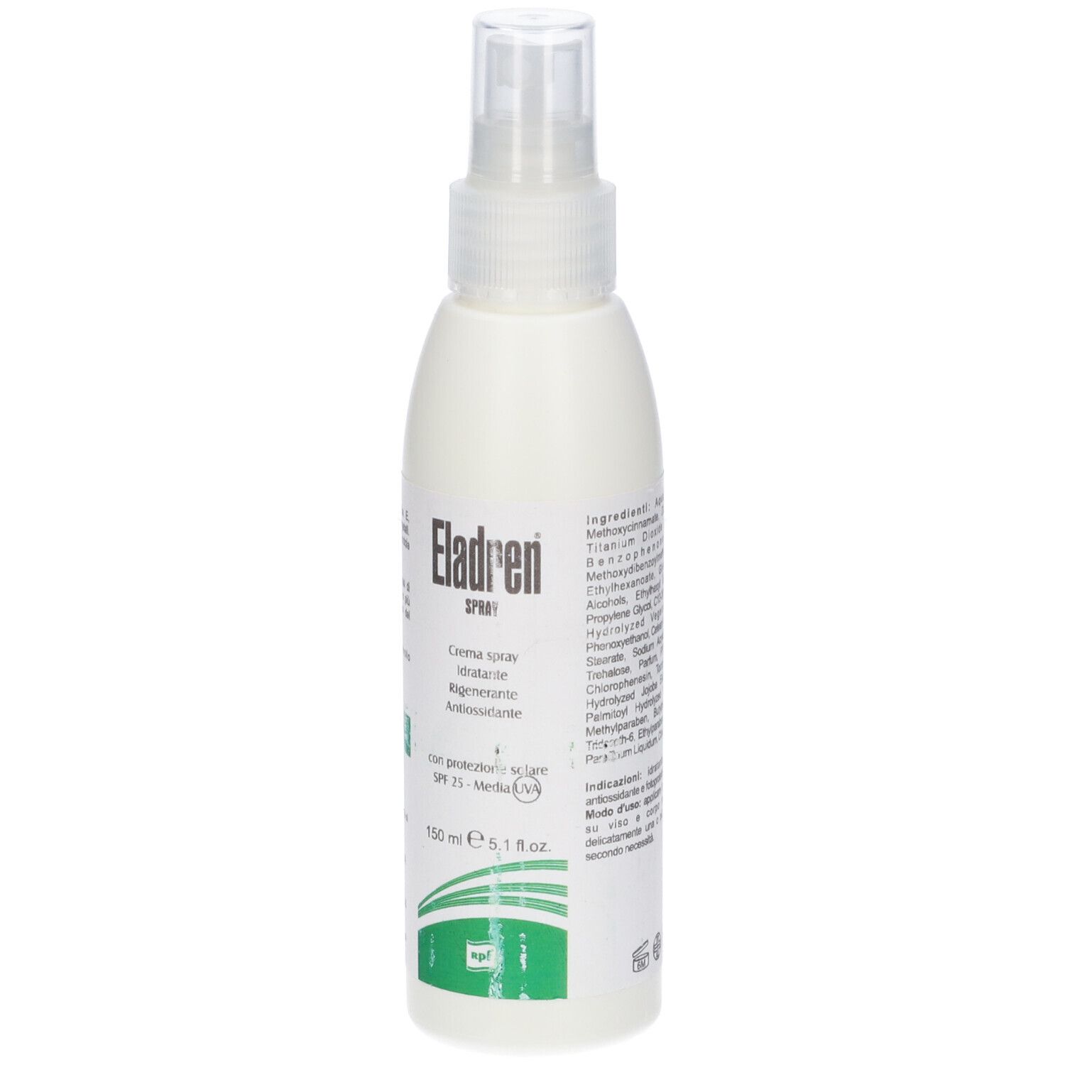 Flacone spray bianco con informazioni sul prodotto. Parte anteriore con nome del prodotto e dettagli.