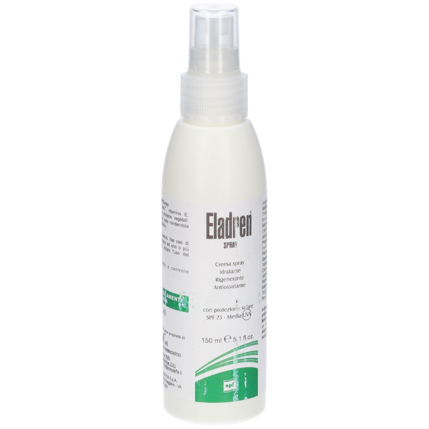 Flacone spray bianco con informazioni sul prodotto. Parte anteriore con nome del prodotto e dettagli.