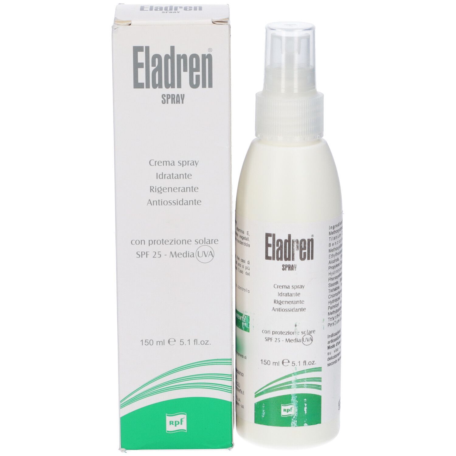 Spray solare e confezione. Nome e logo del prodotto ben visibili. Con fattore di protezione solare.