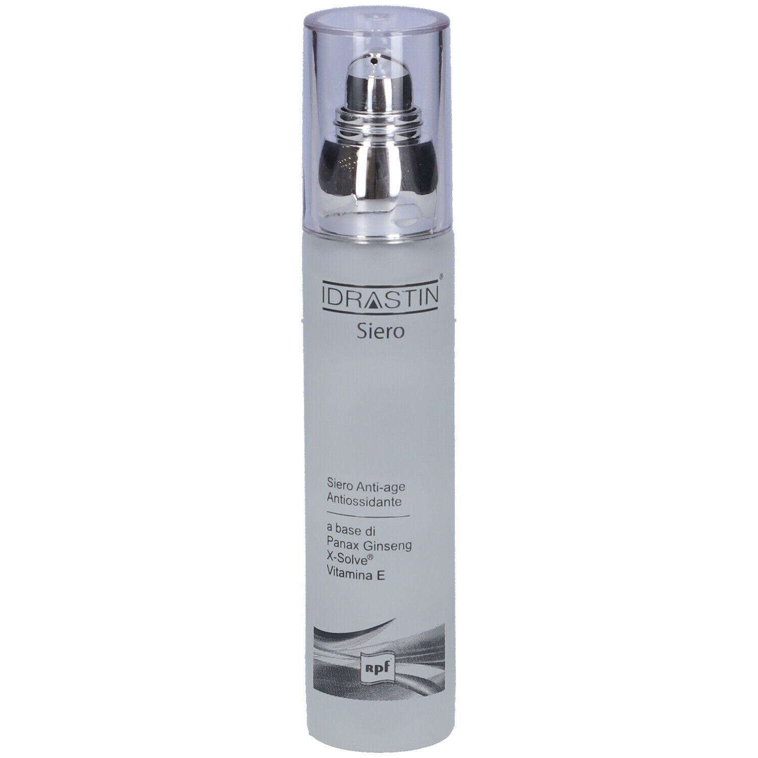 Flacone con pompa. Scritta: IDRASTIN Siero. Siero anti-età. Contiene Panax Ginseng, X-Solve, Vitamina E.