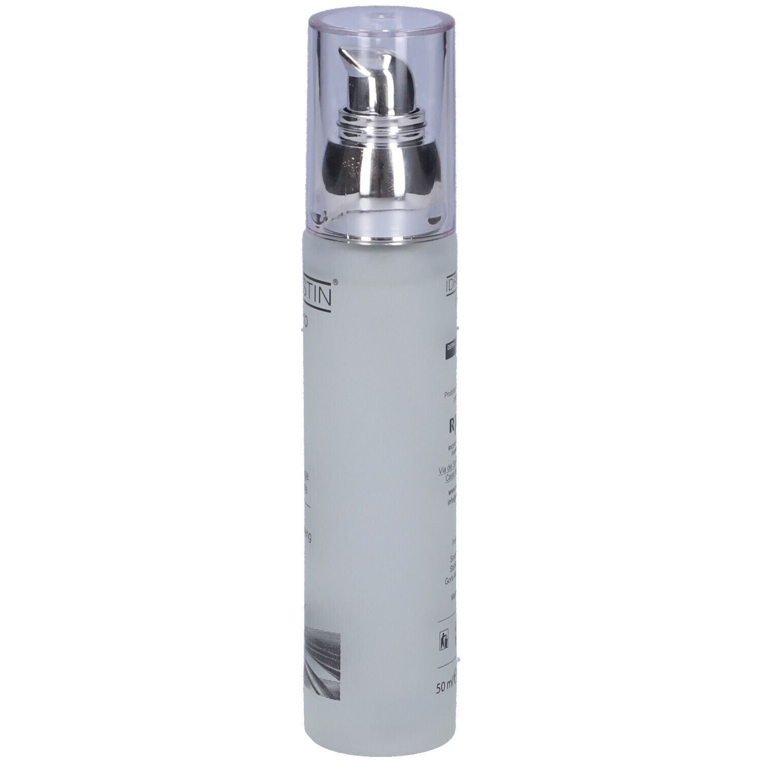 Flacone con pompa. Scritta: IDRASTIN Siero. Siero anti-età. Contiene Panax Ginseng, X-Solve, Vitamina E.