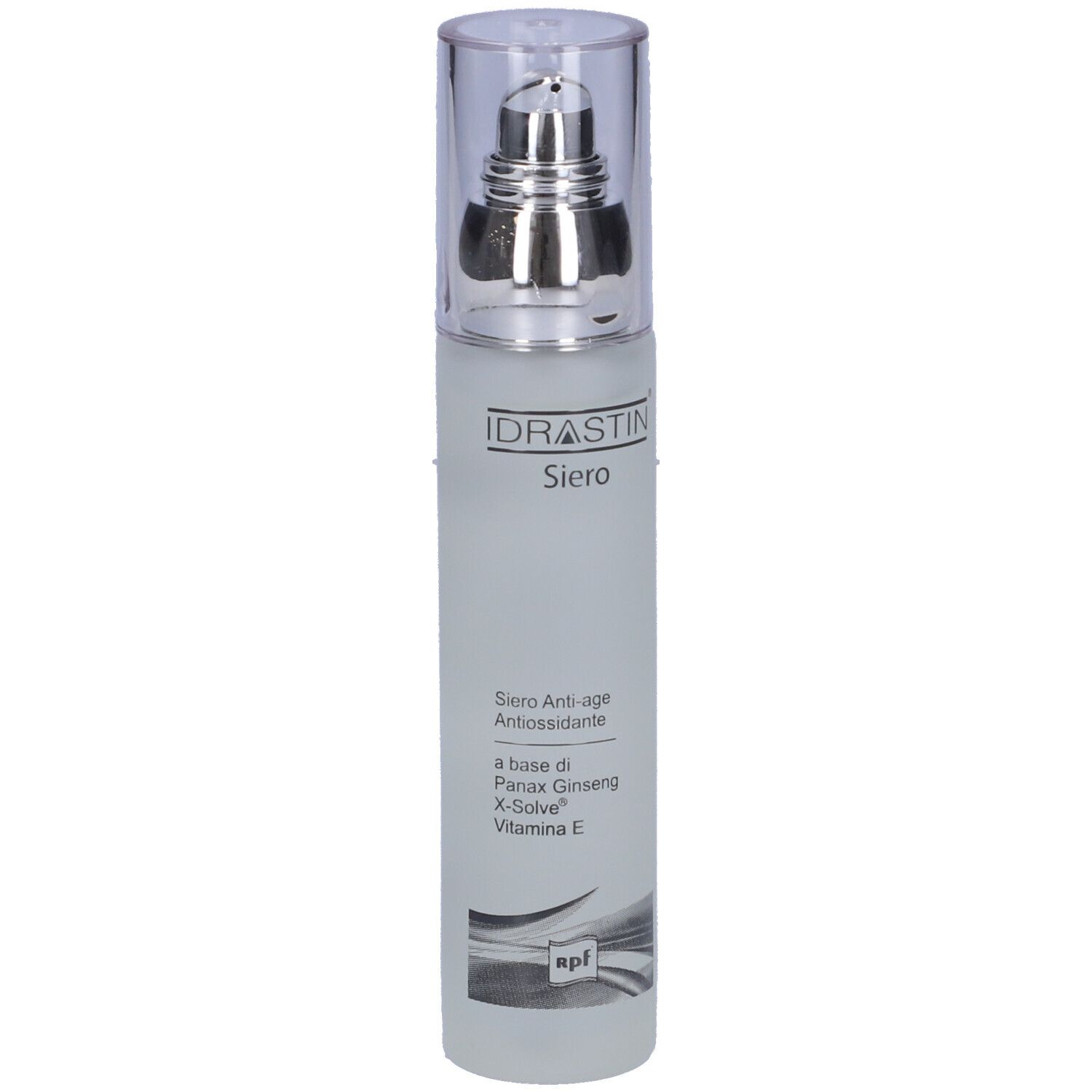 Flacone con pompa. Scritta: IDRASTIN Siero. Siero anti-età. Contiene Panax Ginseng, X-Solve, Vitamina E.