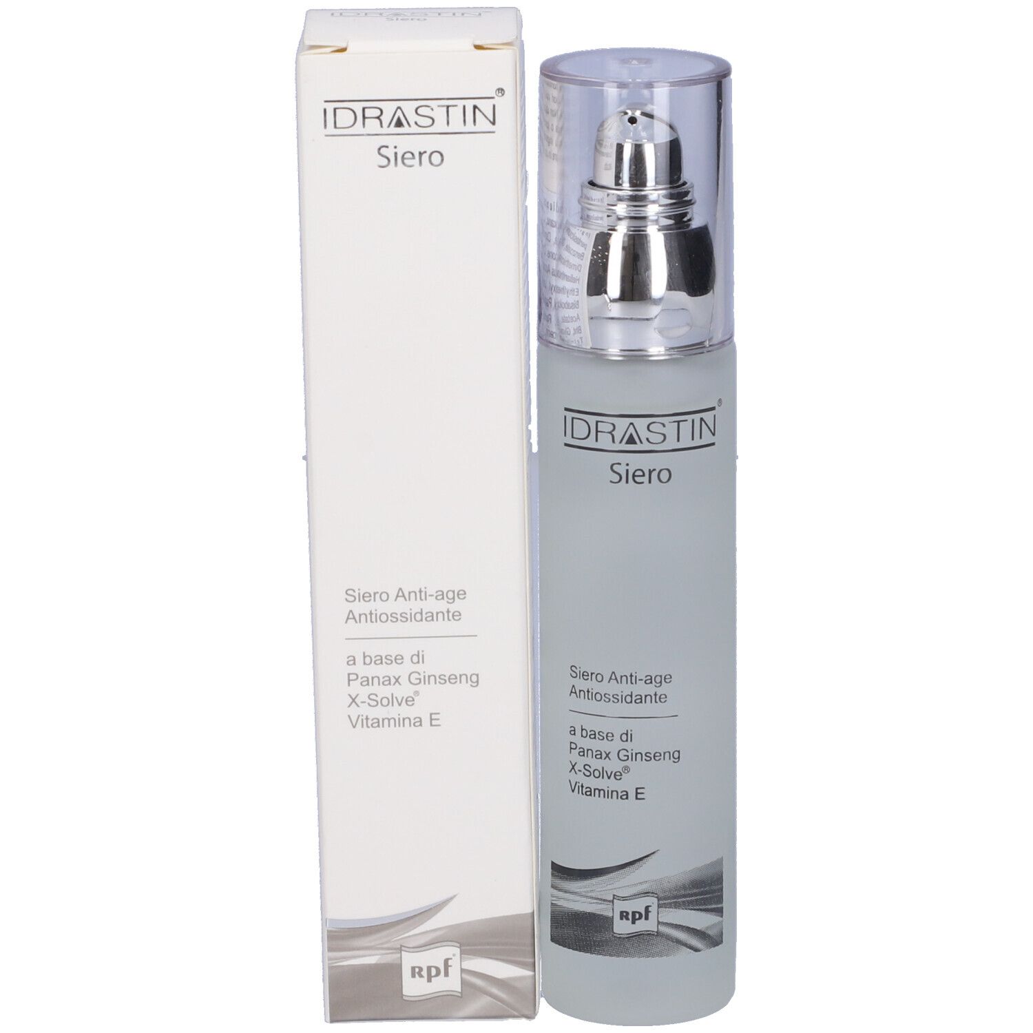 Flacone con pompa e scatola. Scritta: IDRASTIN Siero. Siero anti-età. Contiene Panax Ginseng, X-Solve, Vitamina E.