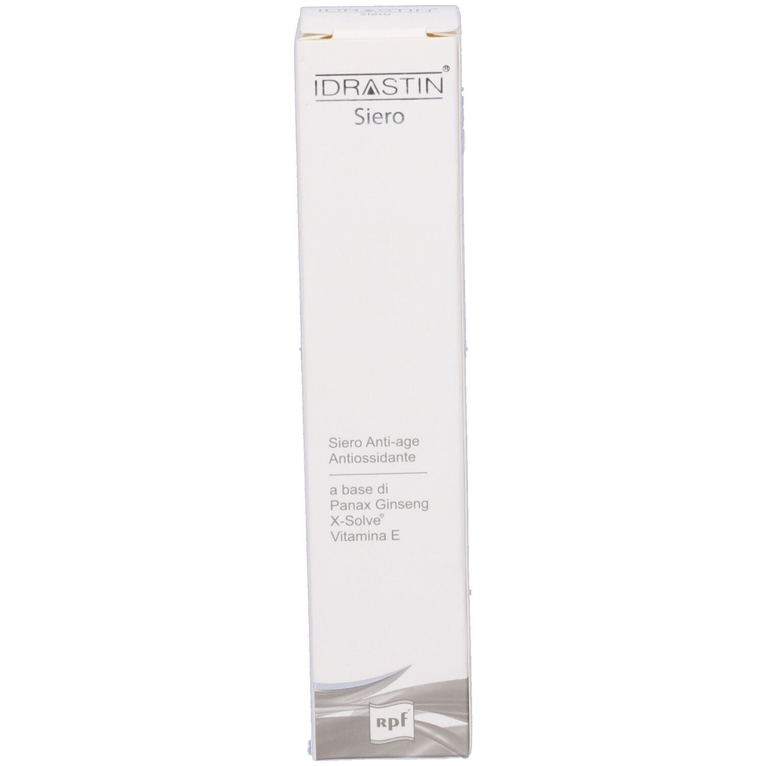 Scatola. Scritta: IDRASTIN Siero. Siero anti-età. Contiene Panax Ginseng, X-Solve, Vitamina E.