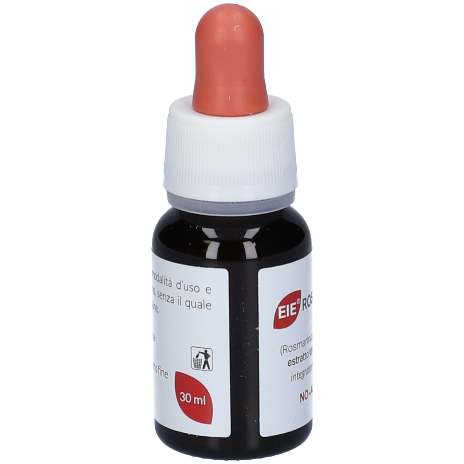 Flacone di vetro marrone con contagocce. Etichetta con nome e ingredienti. NO-ALCOOL. 30 ml.