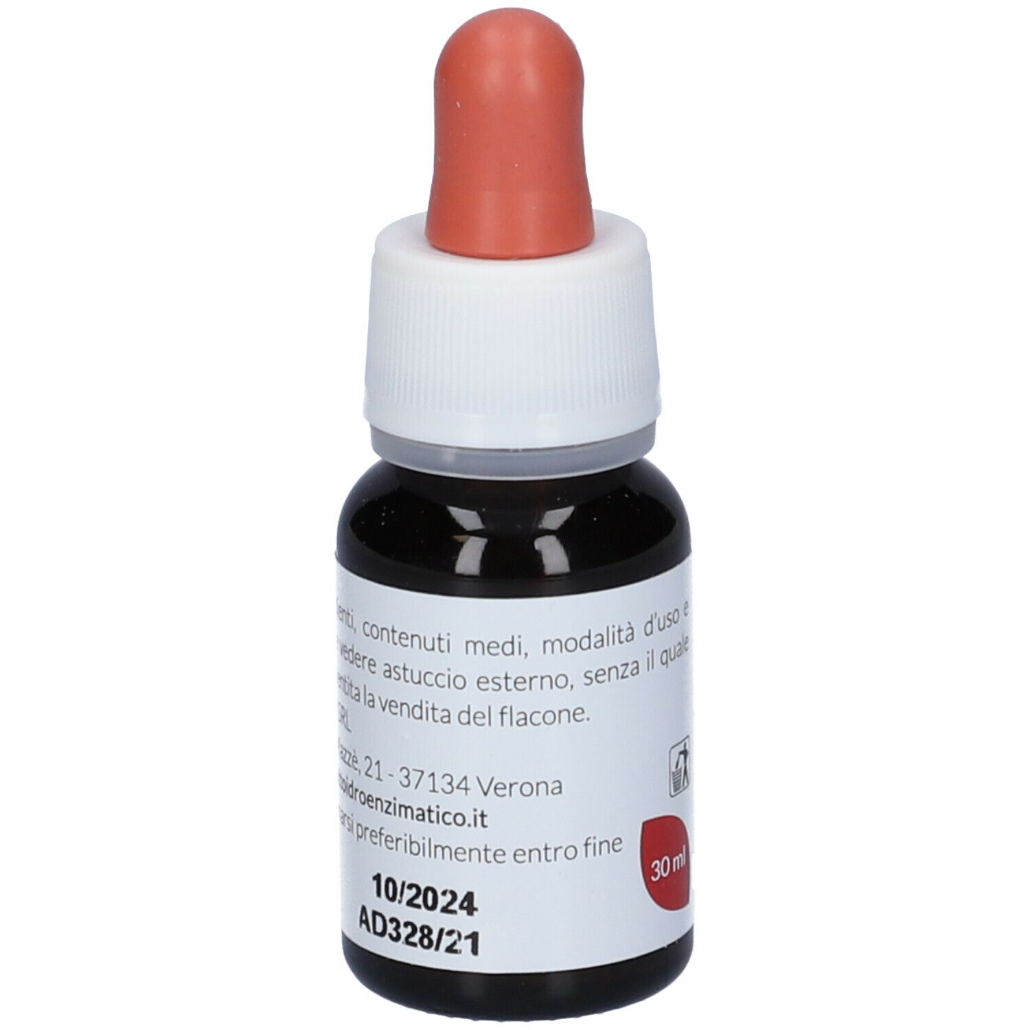 Flacone di vetro marrone con contagocce. Etichetta con nome e ingredienti. NO-ALCOOL. 30 ml. 10/2024.