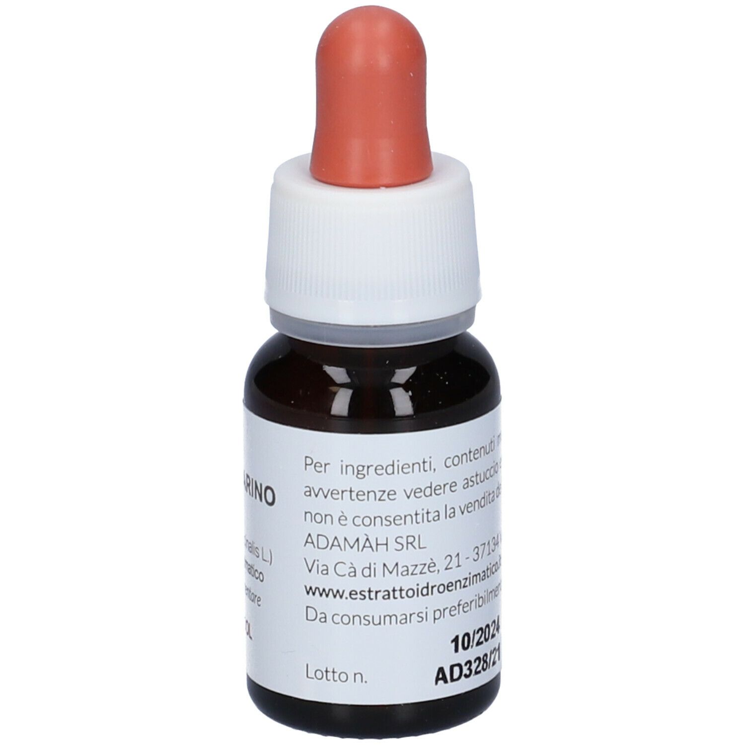 Flacone di vetro marrone con contagocce. Etichetta con nome e ingredienti. NO-ALCOOL. 30 ml. Indirizzo produttore.