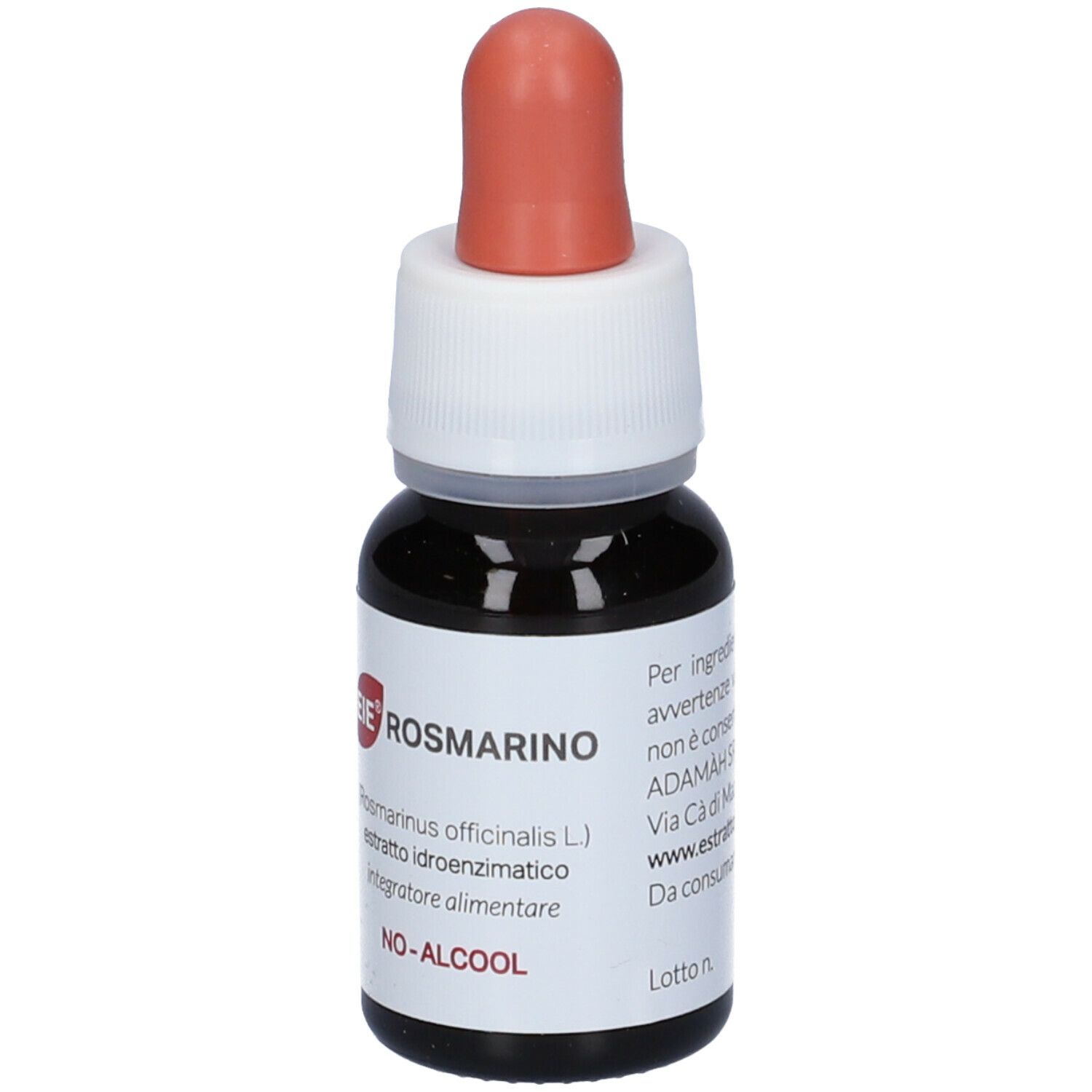 Flacone di vetro marrone con contagocce. Etichetta con nome e ingredienti. NO-ALCOOL. Indirizzo produttore.