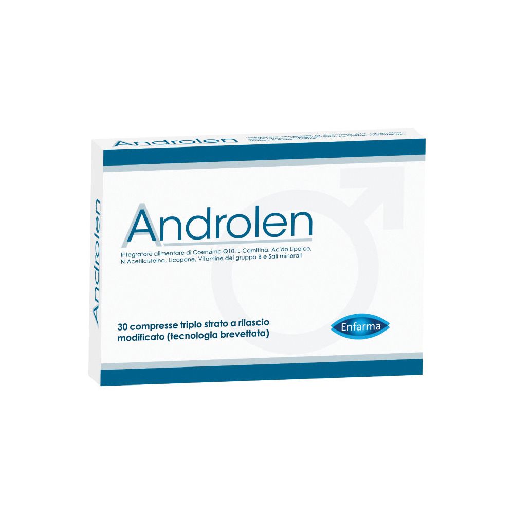 Scatola bianca con banda blu e scritta Androlen. Contiene 30 compresse. Marchio: Enfarma.