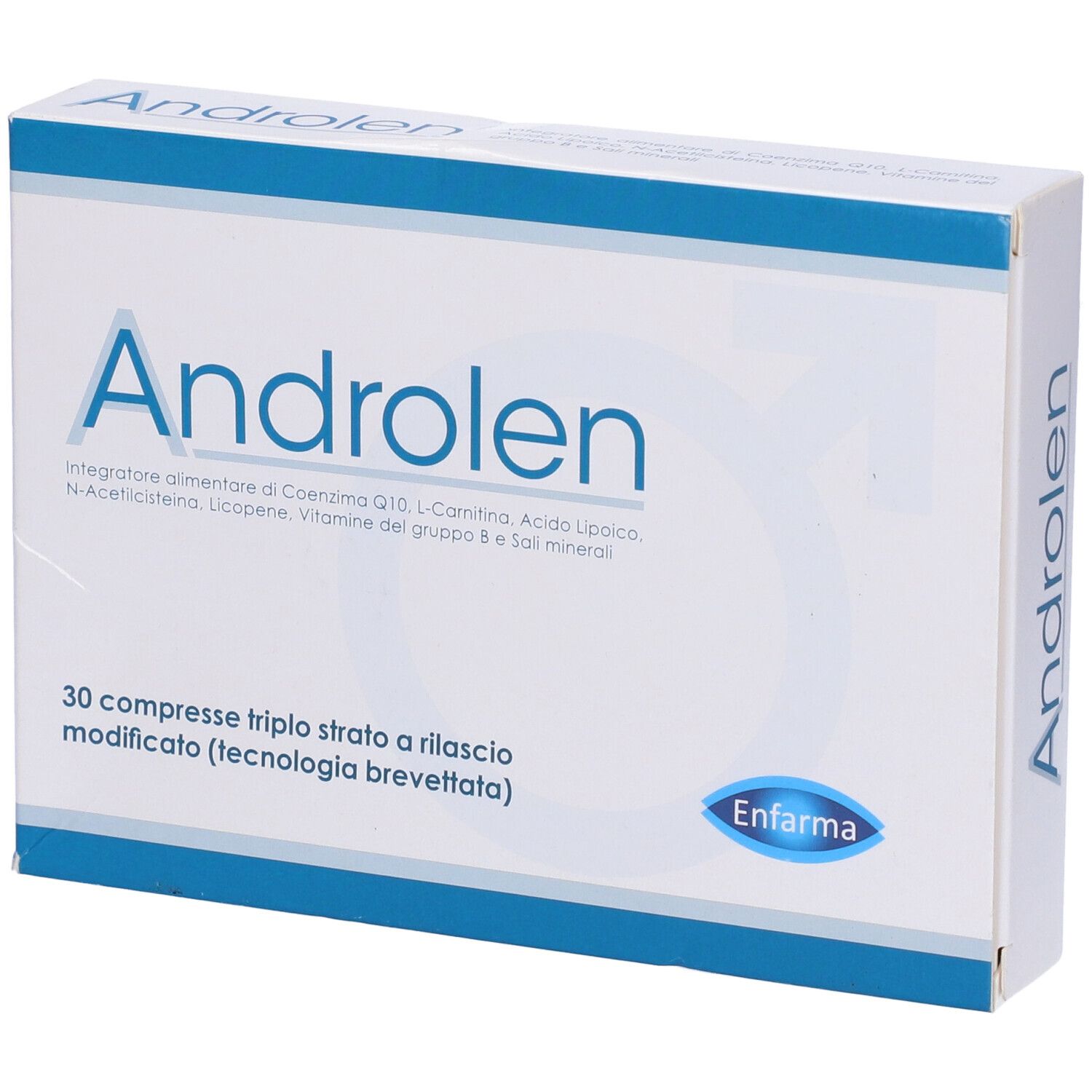 Scatola bianca con banda blu e scritta Androlen. Contiene 30 compresse. Marchio: Enfarma.