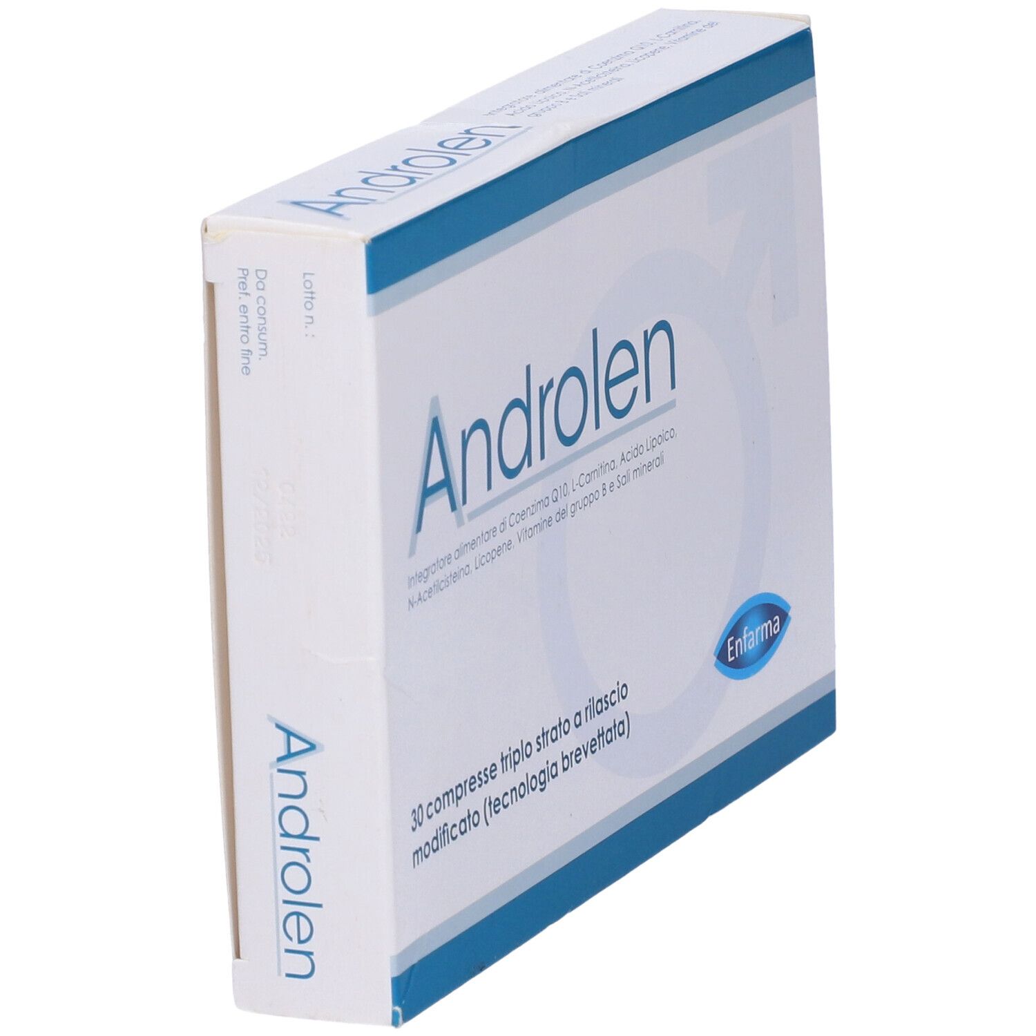 Scatola bianca con banda blu e scritta Androlen. Contiene 30 compresse. Marchio: Enfarma.