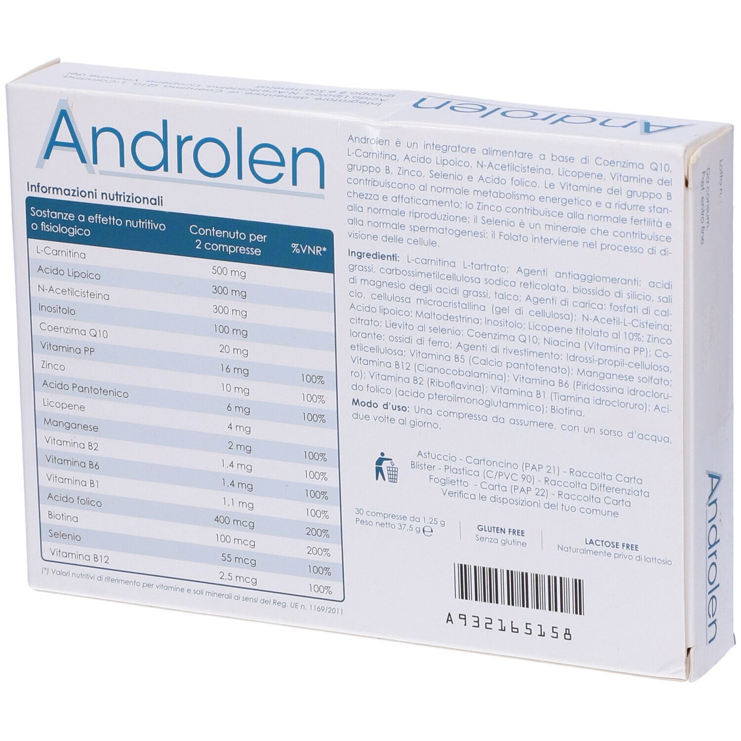 Scatola bianca con banda blu e scritta Androlen. Contiene 30 compresse. Marchio: Enfarma. Retro con informazioni nutrizionali.