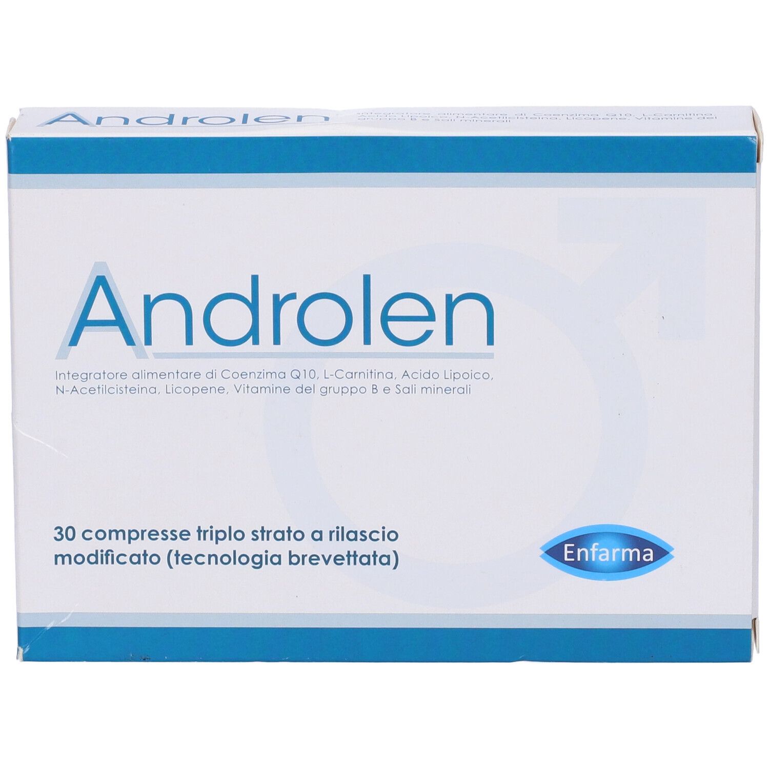 Scatola bianca con banda blu e scritta Androlen. Contiene 30 compresse. Marchio: Enfarma.
