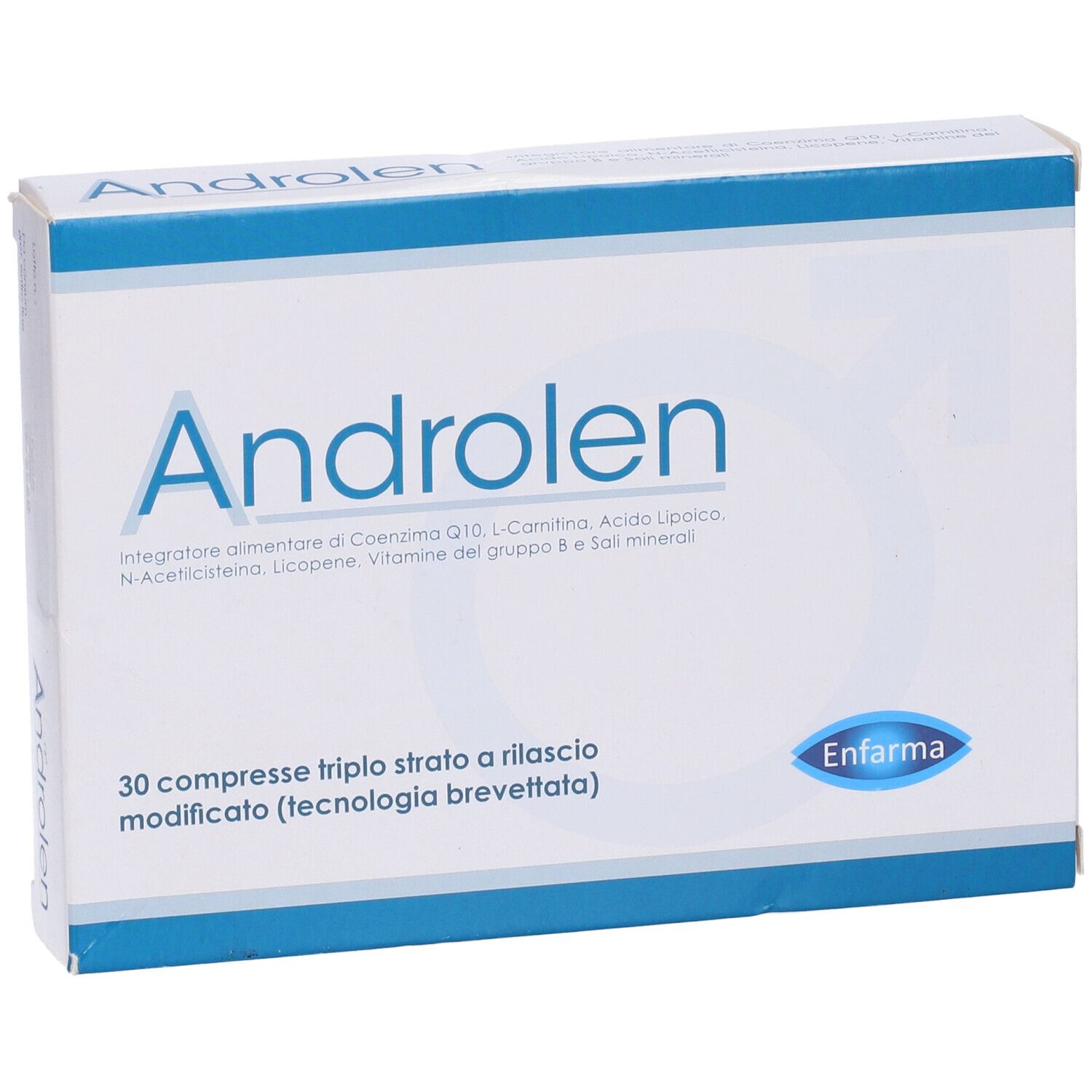 Scatola bianca con banda blu e scritta Androlen. Contiene 30 compresse. Marchio: Enfarma.