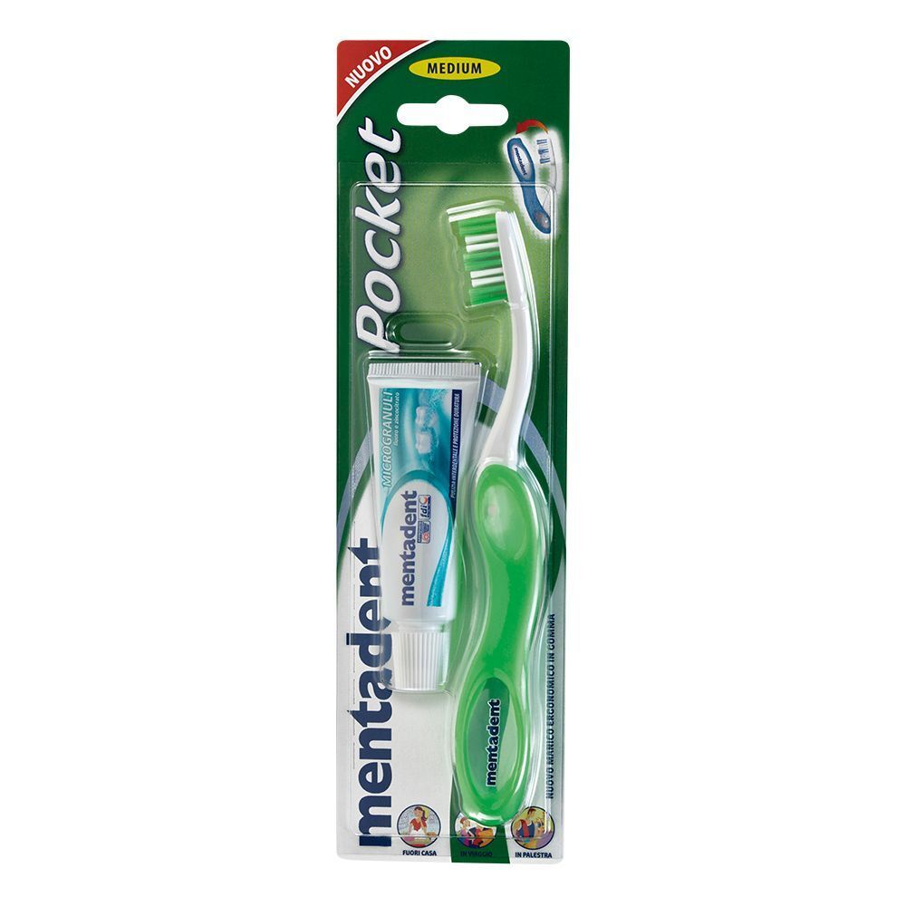 Set spazzolino e dentifricio. Spazzolino verde e bianco, tubetto di dentifricio. Confezione con nome del prodotto.