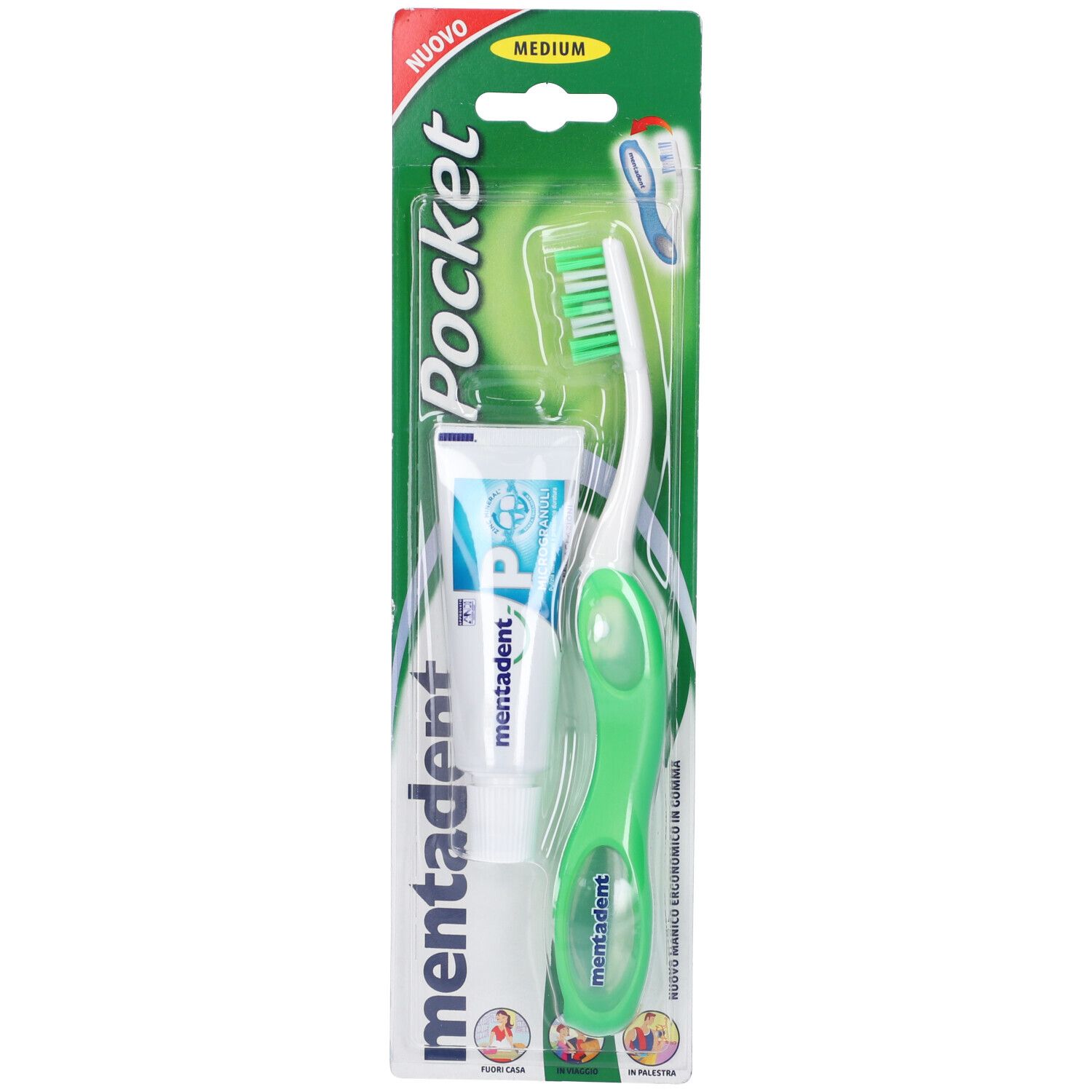 Set spazzolino e dentifricio. Spazzolino verde e bianco, tubetto di dentifricio. Confezione con nome del prodotto.