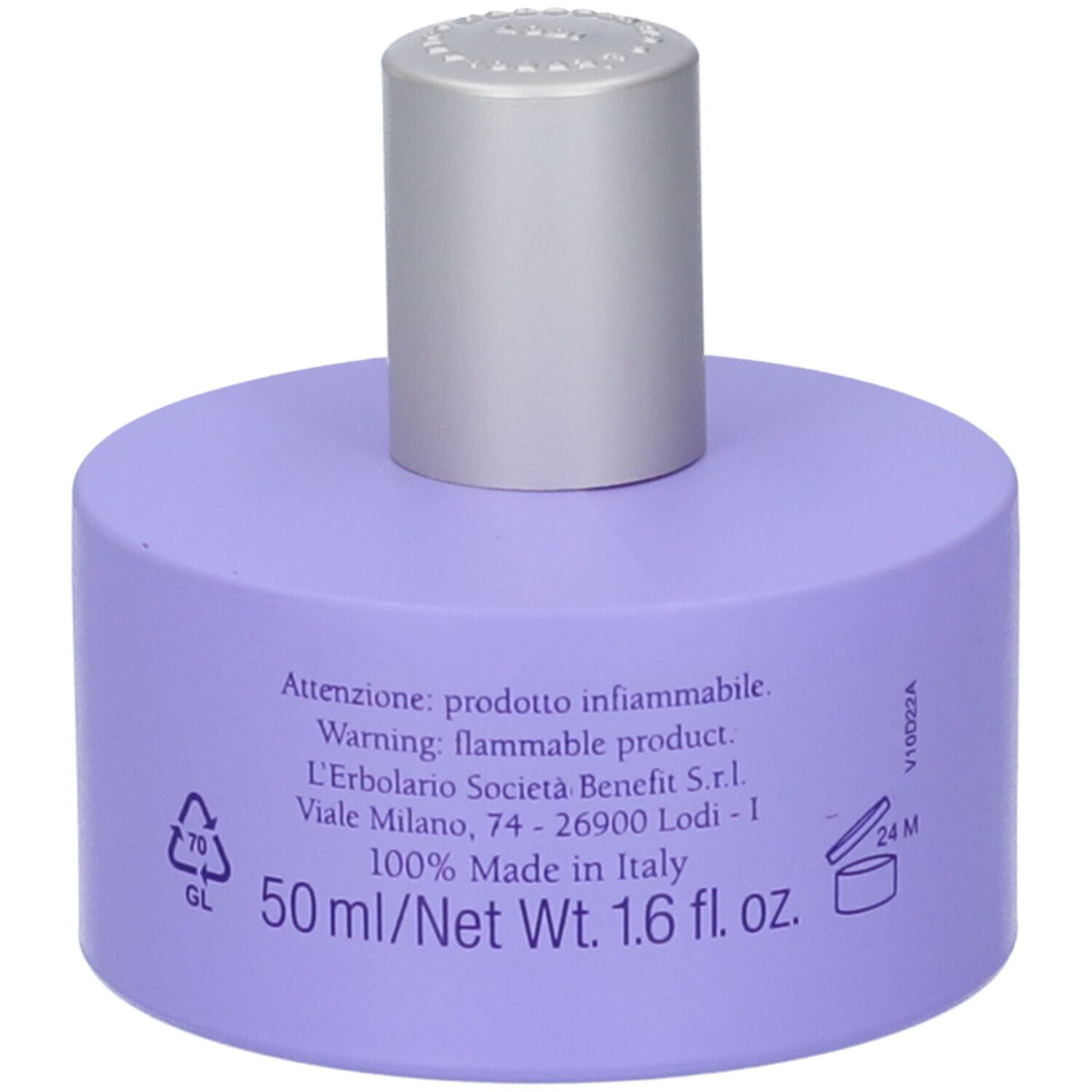 Lila Flakon mit silbernem Verschluss. Enthält 50 ml. Hergestellt in Italien.