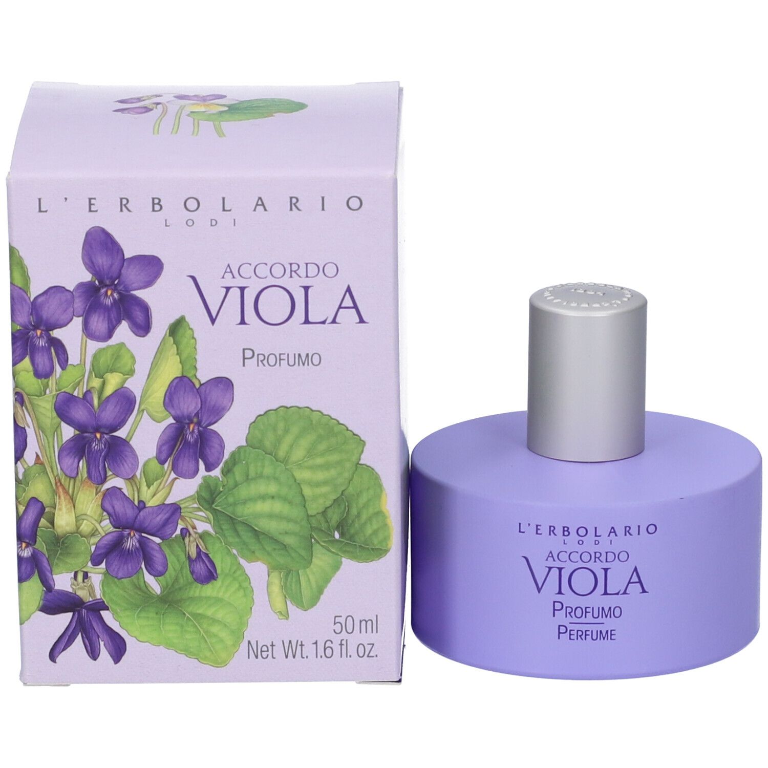 L'Erbolario Accordo Viola Parfümflasche und Schachtel mit Veilchenabbildung.