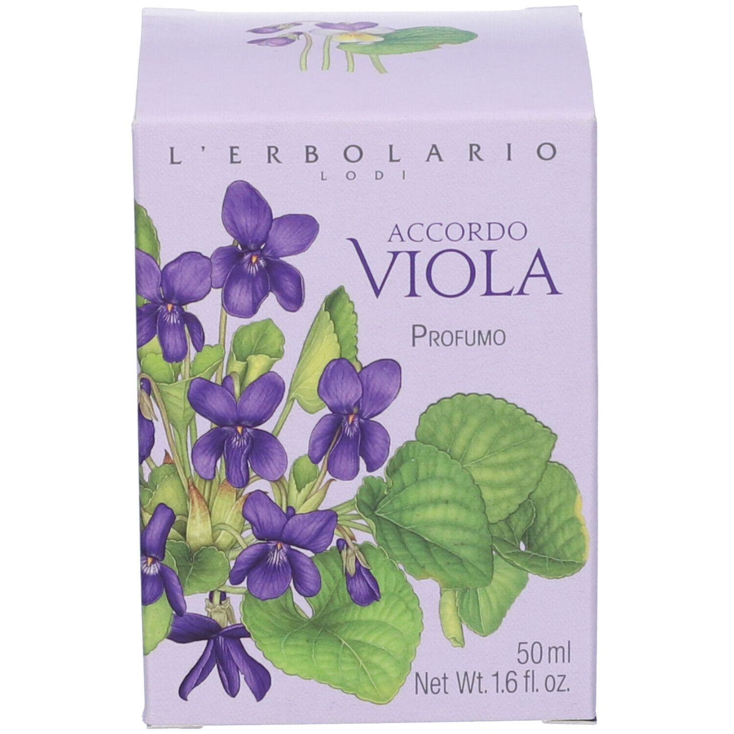 L'Erbolario Accord Viola Profumo Parfüm in 50ml Flasche mit Veilchenmotiv.