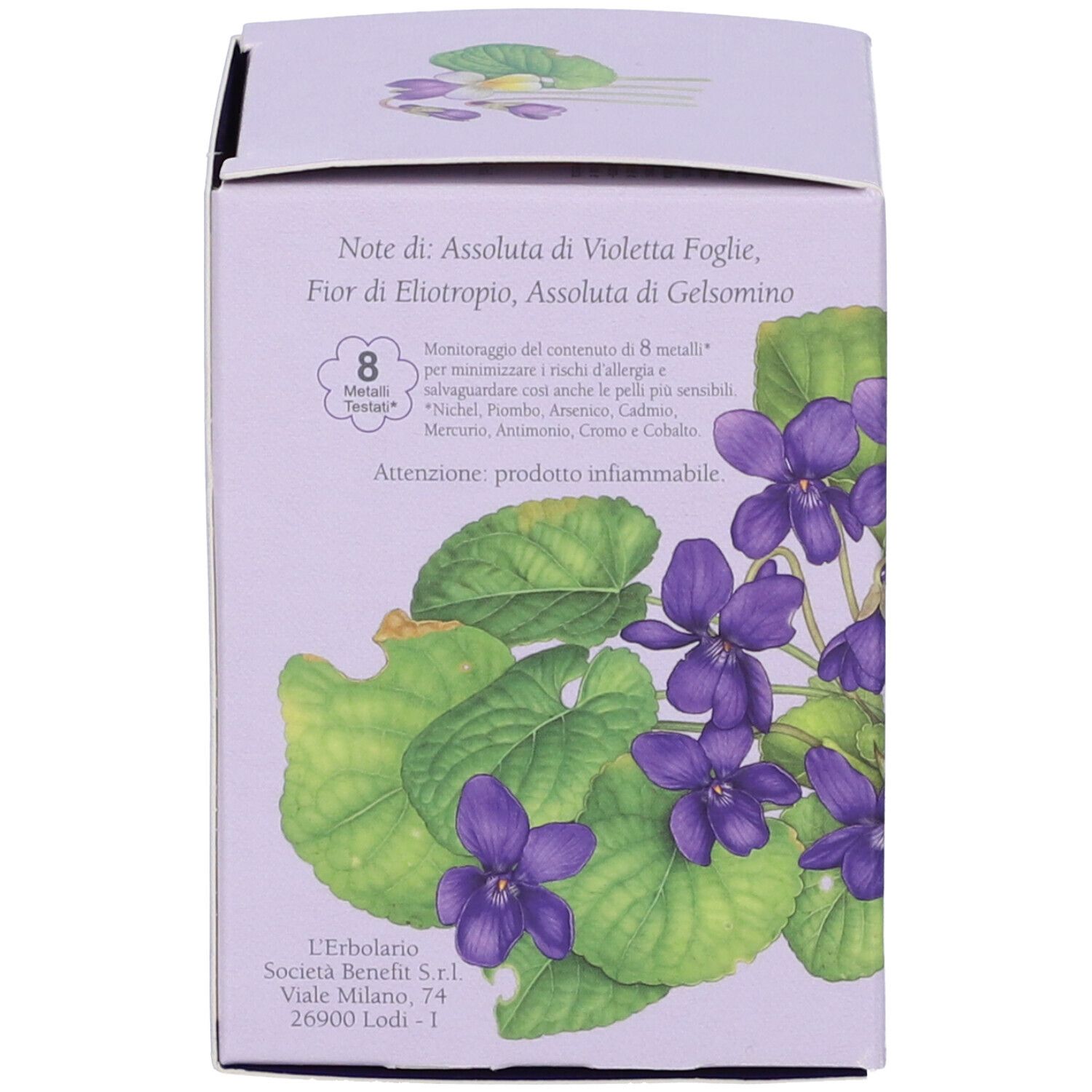 Lila Veilchenblüten und Blätter auf einer hellvioletten Verpackung. Enthält Text über Inhaltsstoffe und Warnhinweise.