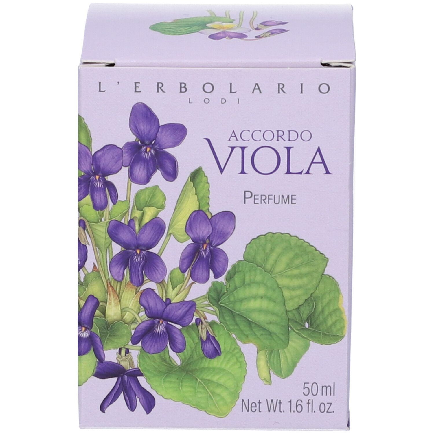 Parfumverpackung mit Veilchenmotiv und Aufschrift 'Accordo Viola Perfume', 50 ml.