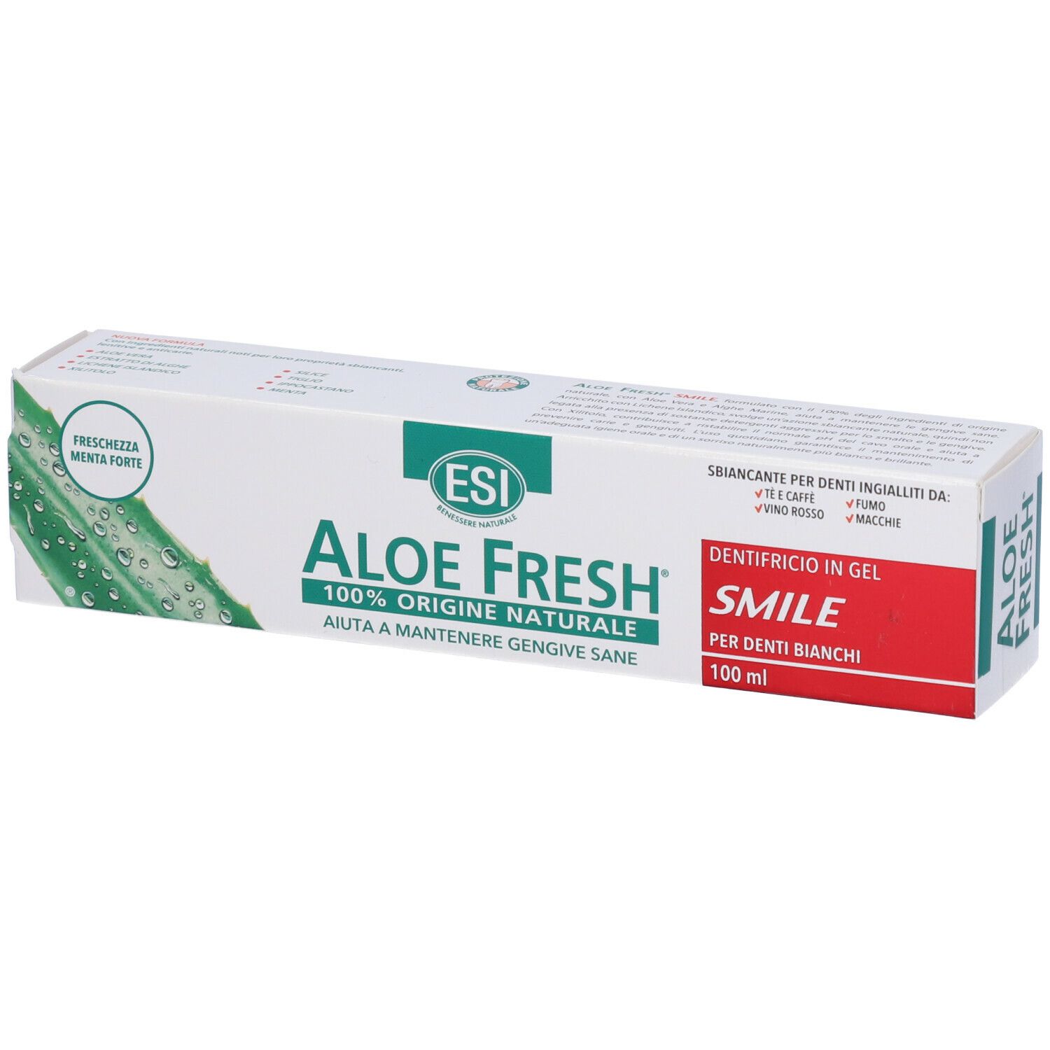 Emballage de dentifrice. ESI Aloe Fresh, 100% d'origine naturelle. Texte: Smile, pour dents blanches. Illustration d'aloe vera.