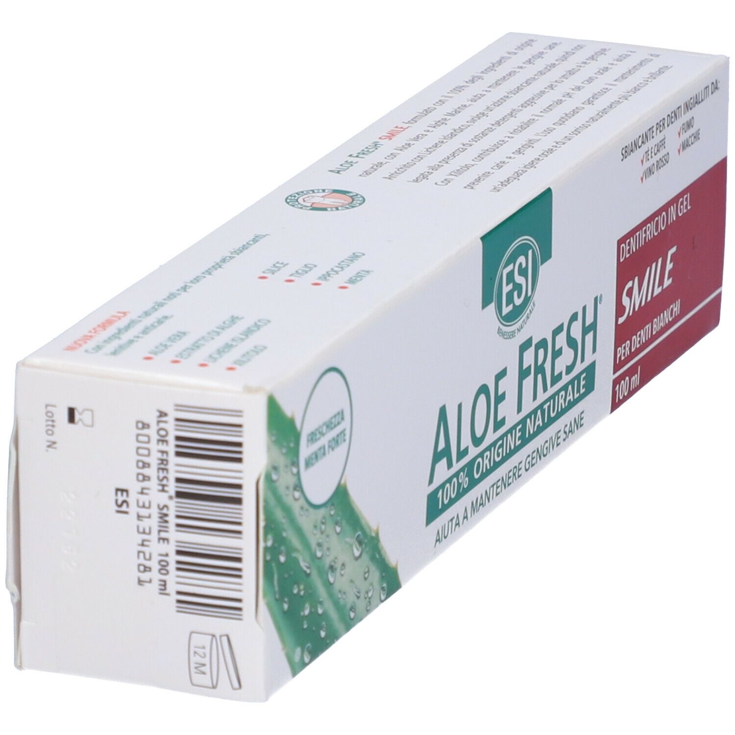 Emballage de dentifrice. ESI Aloe Fresh, 100% d'origine naturelle. Texte: Smile, pour dents blanches. Illustration d'aloe vera. Vue latérale.