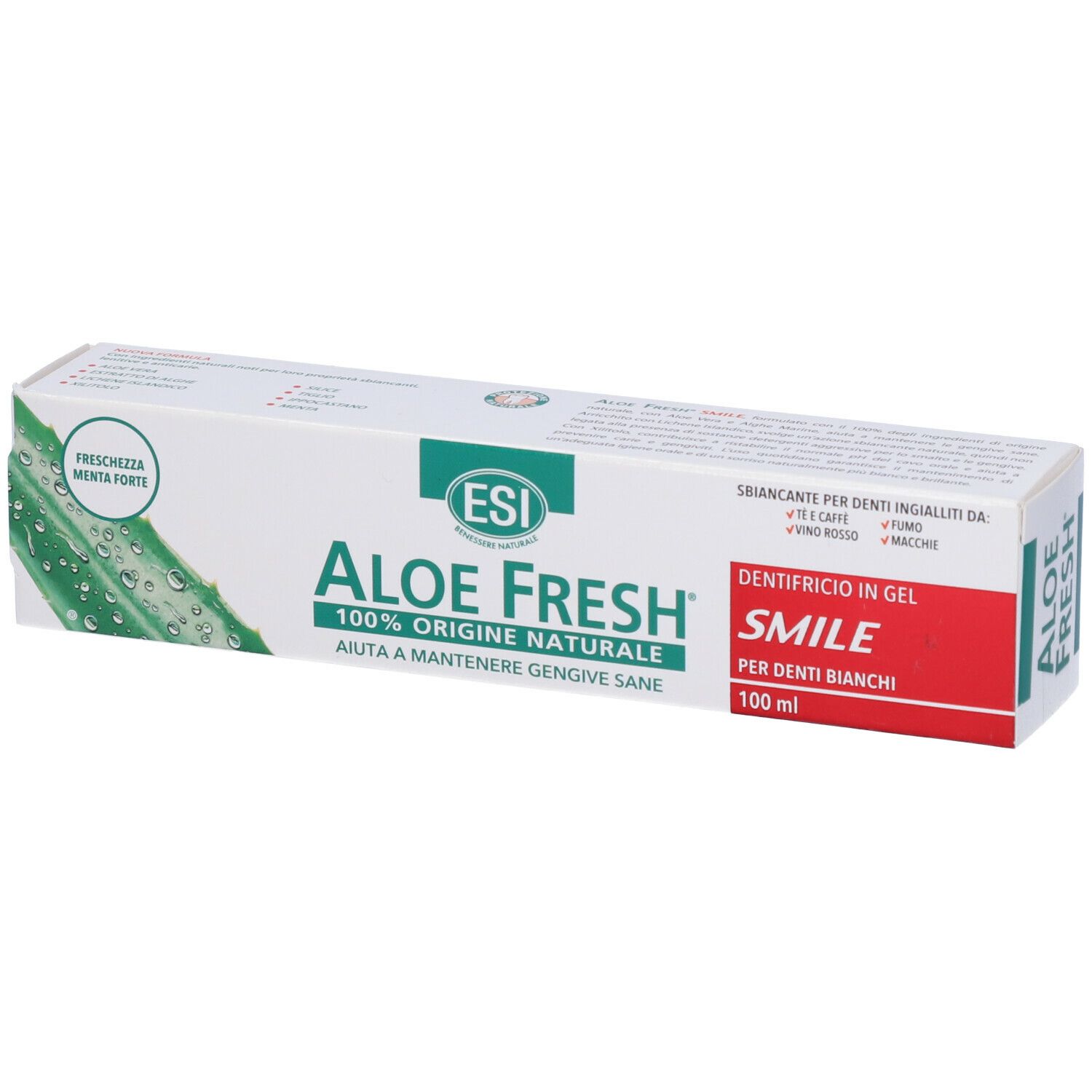 Emballage de dentifrice. ESI Aloe Fresh, 100% d'origine naturelle. Texte: Smile, pour dents blanches. Illustration d'aloe vera.