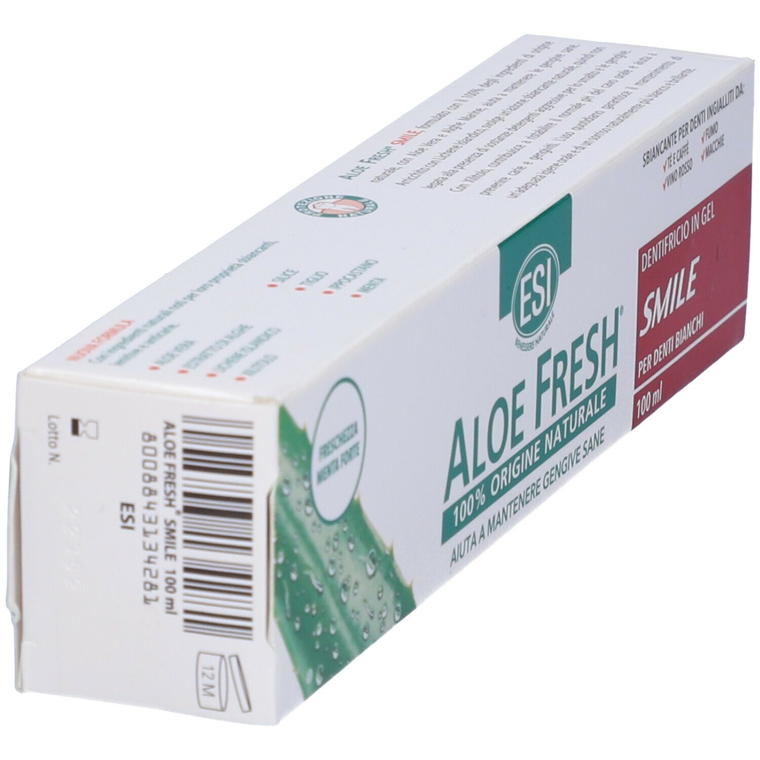 Emballage de dentifrice. ESI Aloe Fresh, 100% d'origine naturelle. Texte: Smile, pour dents blanches. Illustration d'aloe vera. Vue latérale.