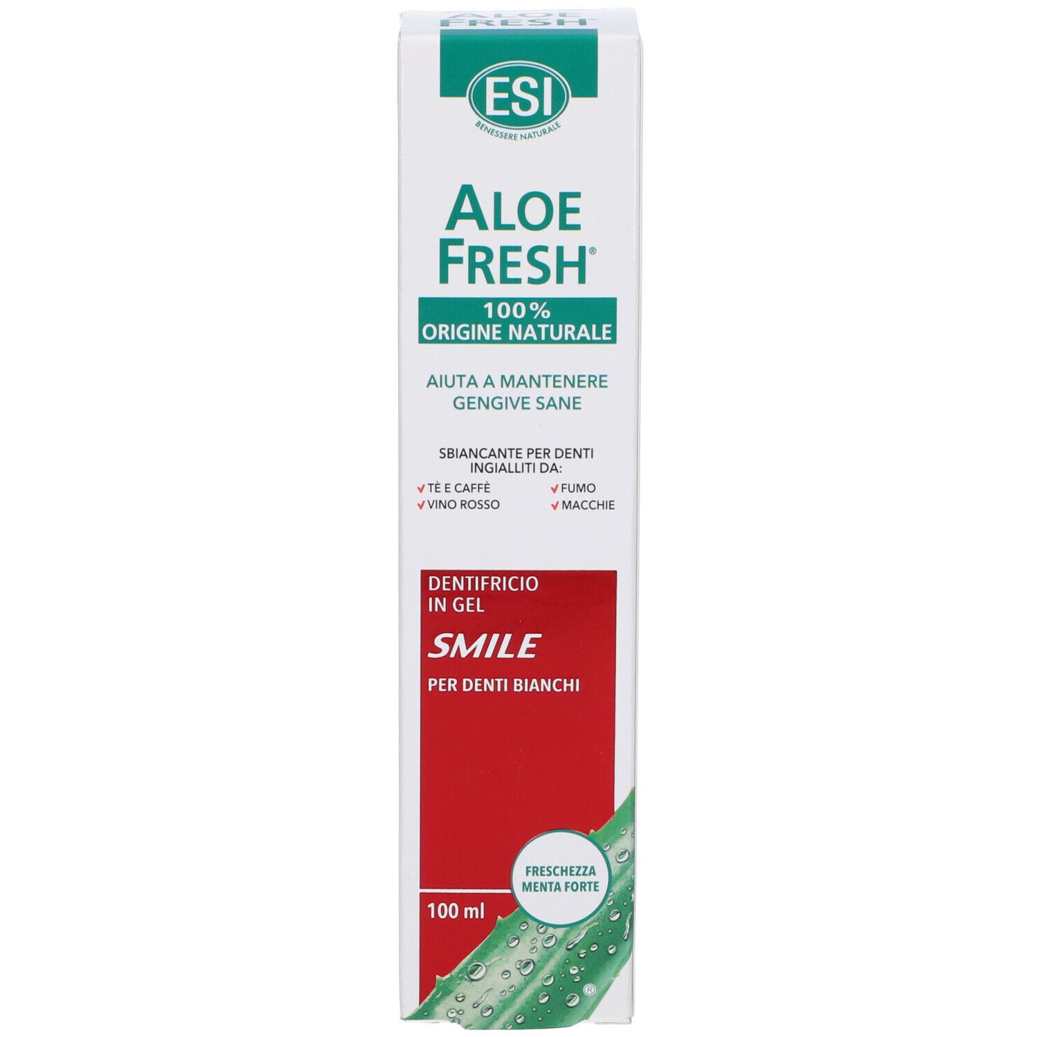 Emballage de dentifrice. ESI Aloe Fresh, 100% d'origine naturelle. Texte: Smile, pour dents blanches. Illustration d'aloe vera. Vue verticale.