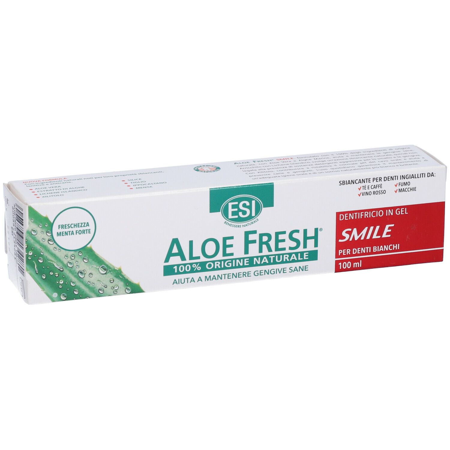 Emballage de dentifrice. ESI Aloe Fresh, 100% d'origine naturelle. Texte: Smile, pour dents blanches. Illustration d'aloe vera.