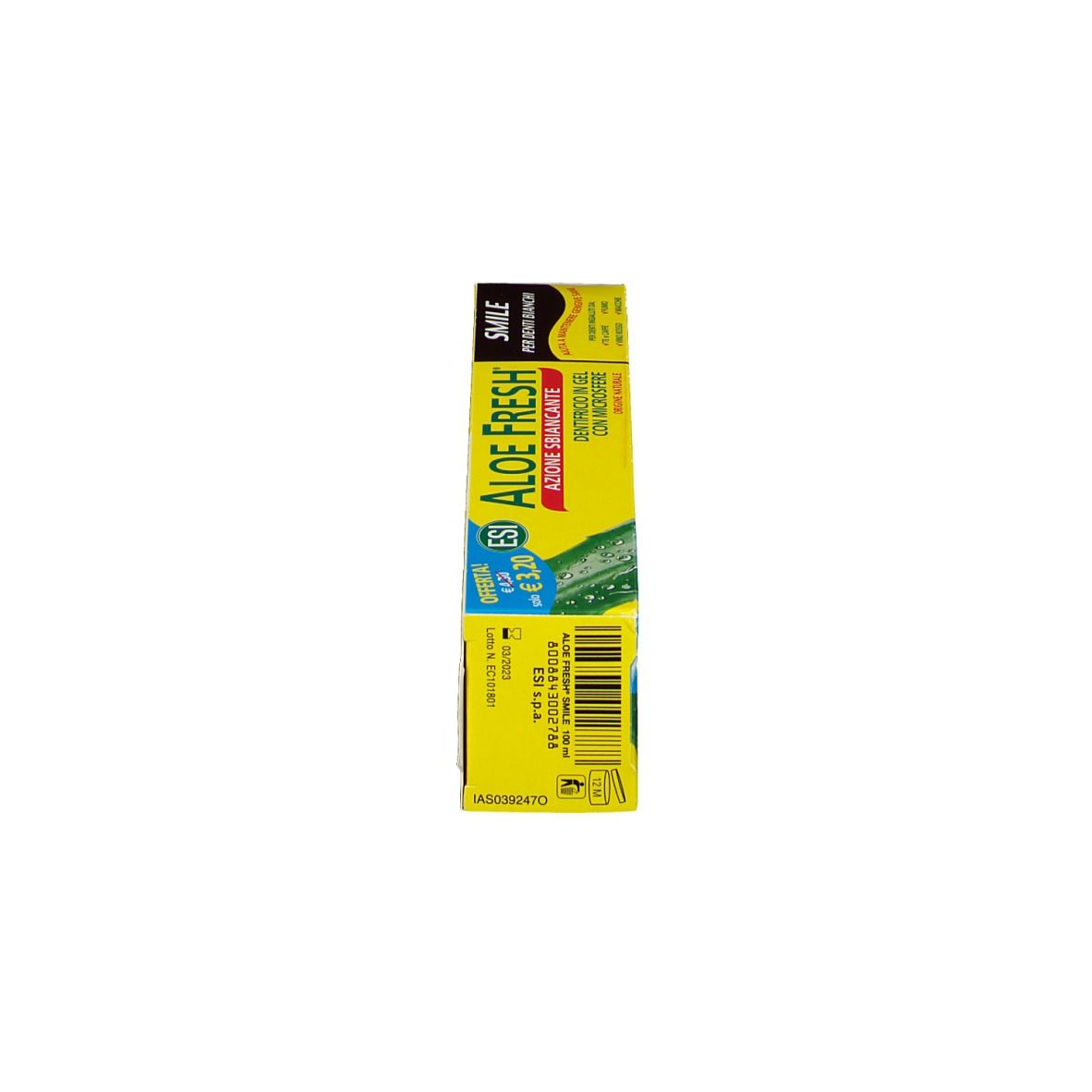 Emballage de dentifrice. ESI Aloe Fresh, 100% d'origine naturelle. Texte: Smile, pour dents blanches. Vue latérale, jaune et bleu.