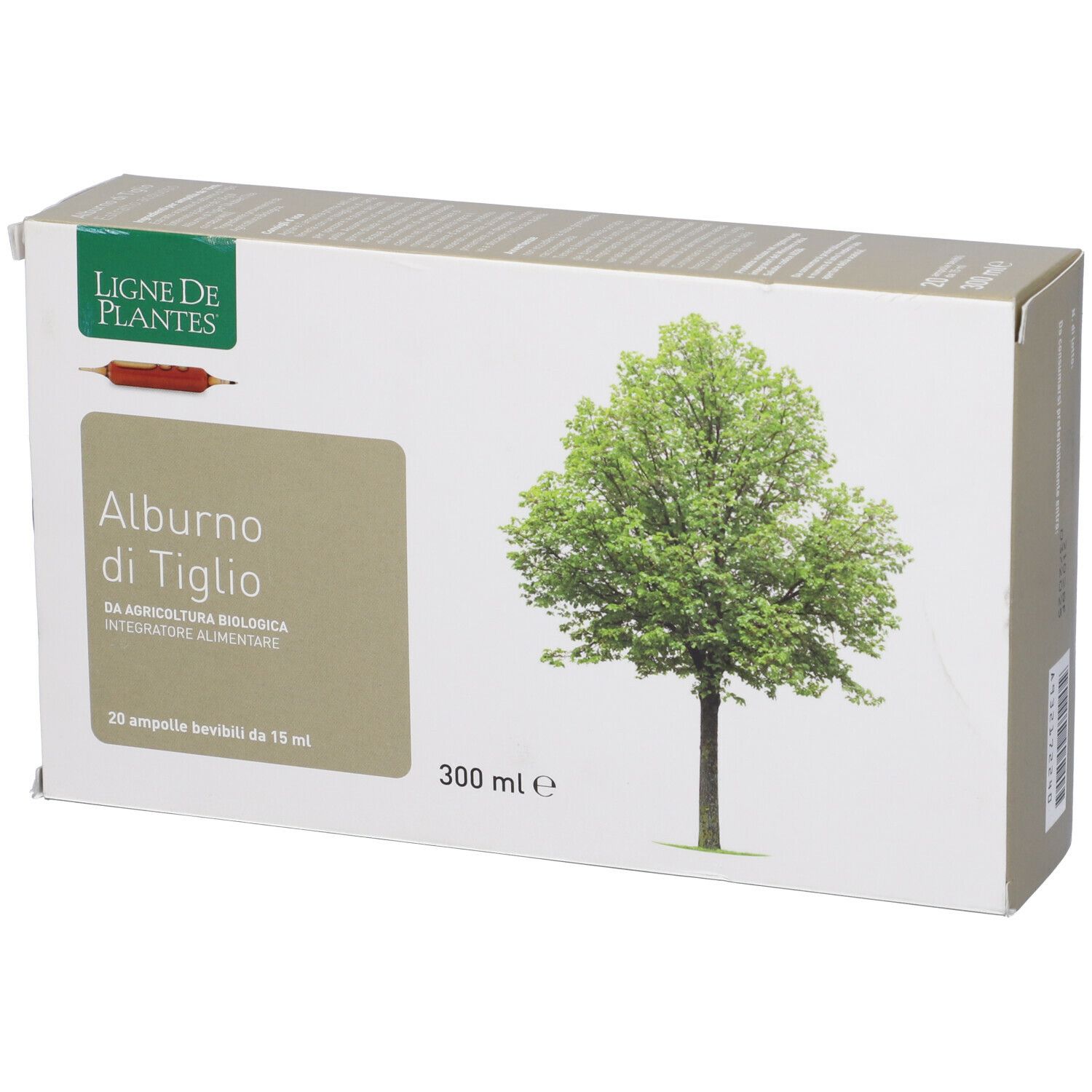 Scatola con illustrazione di albero. Testo: Alburno di Tiglio, 20 fiale, 300 ml. Marchio: Ligne de Plantes.