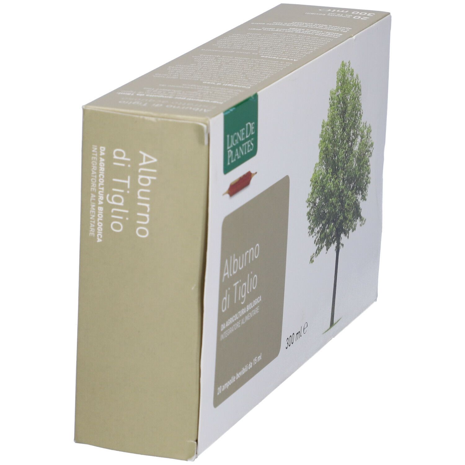 Scatola con illustrazione di albero. Testo: Alburno di Tiglio, 20 fiale, 300 ml. Marchio: Ligne de Plantes.