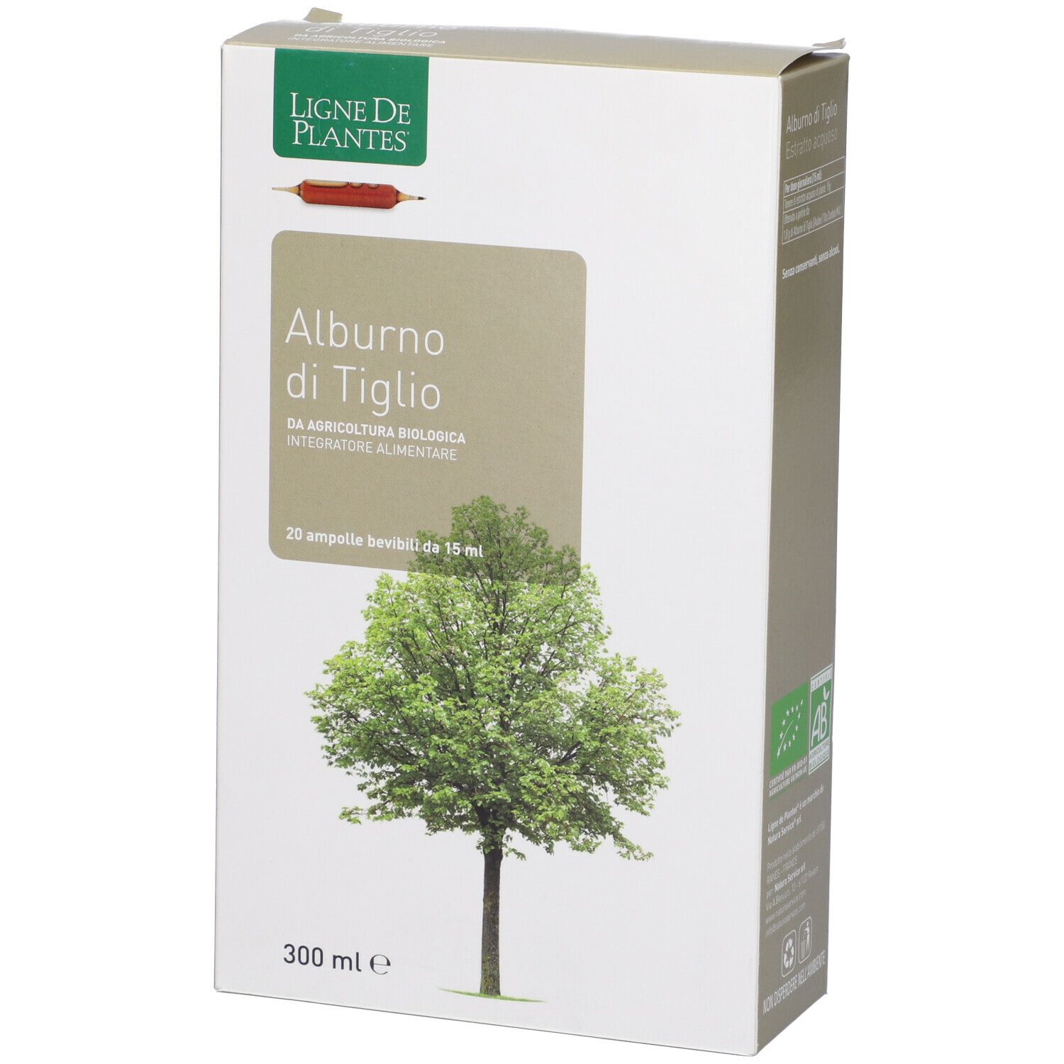 Scatola con illustrazione di albero. Testo: Alburno di Tiglio, 20 fiale, 300 ml. Marchio: Ligne de Plantes.