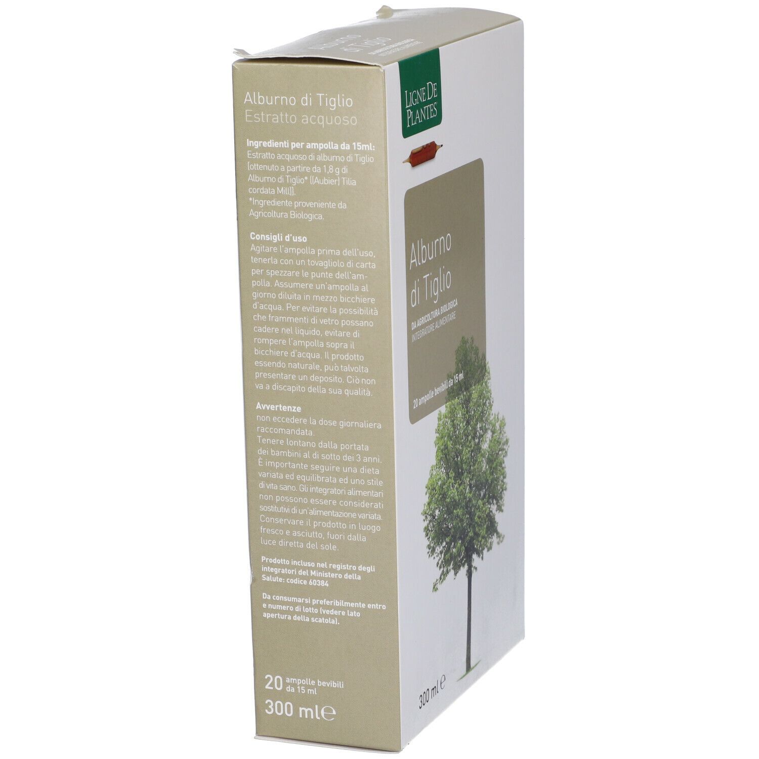 Scatola con illustrazione di albero. Testo: Alburno di Tiglio, 20 fiale, 300 ml. Marchio: Ligne de Plantes.