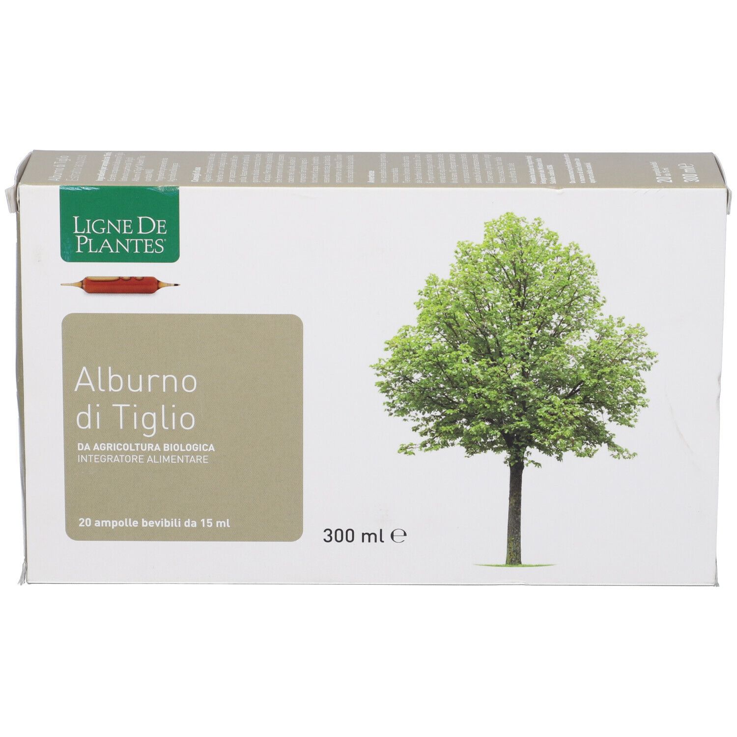 Scatola con illustrazione di albero. Testo: Alburno di Tiglio, 20 fiale, 300 ml. Marchio: Ligne de Plantes.