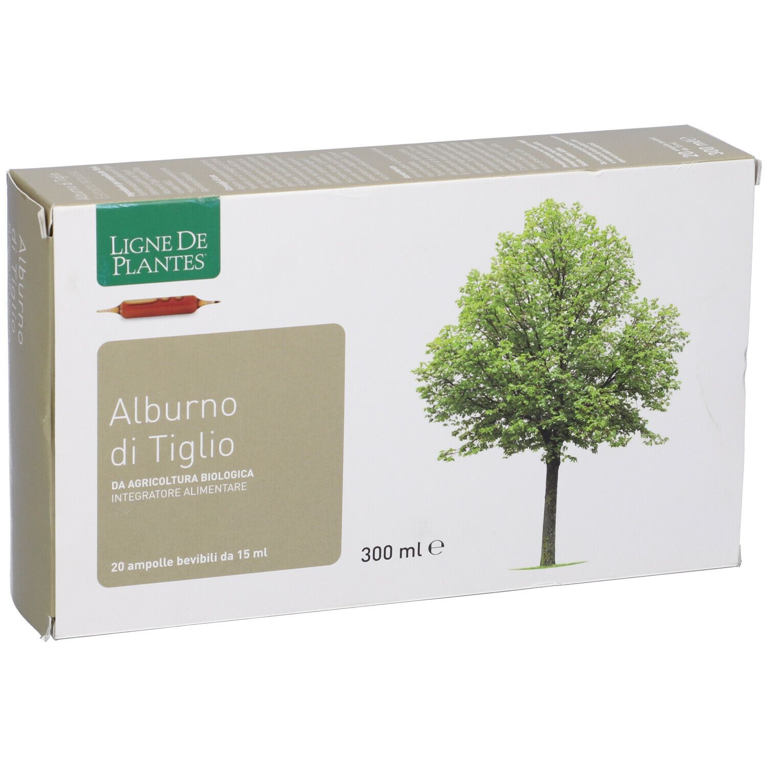 Scatola con illustrazione di albero. Testo: Alburno di Tiglio, 20 fiale, 300 ml. Marchio: Ligne de Plantes.